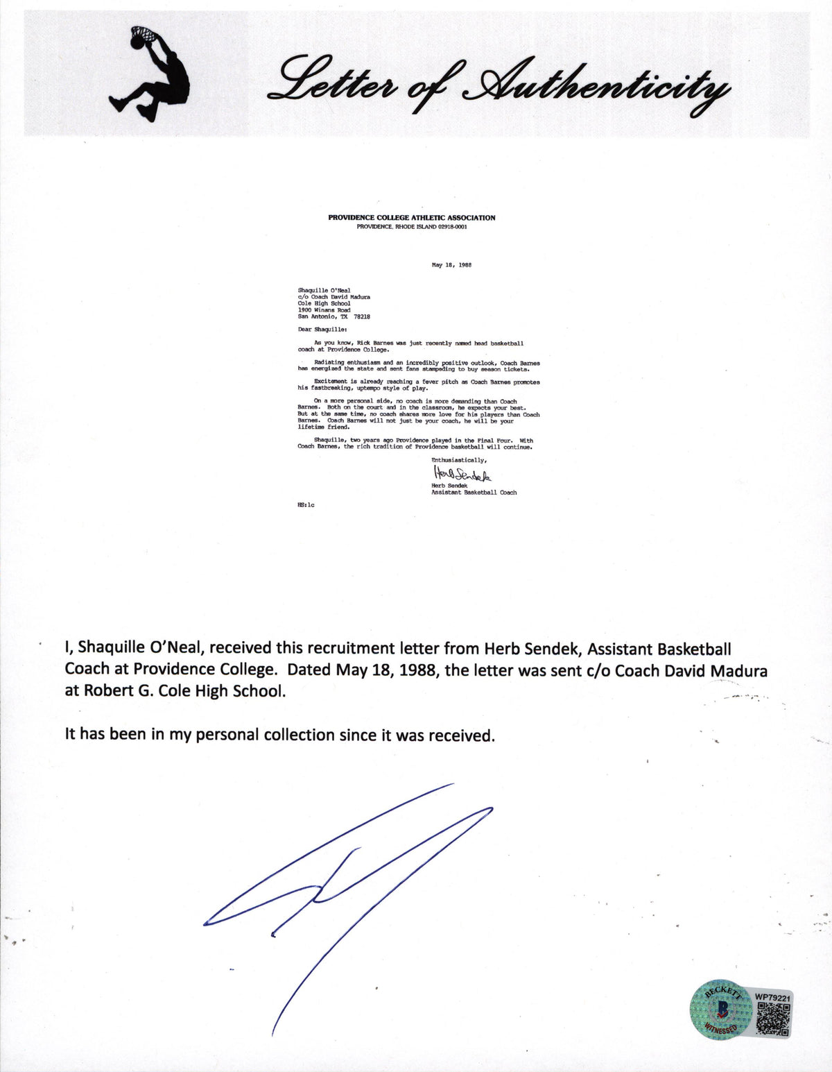 Herb Sendek Signed 1988 Providence College Shaquille O'Neal Recruitment Letter