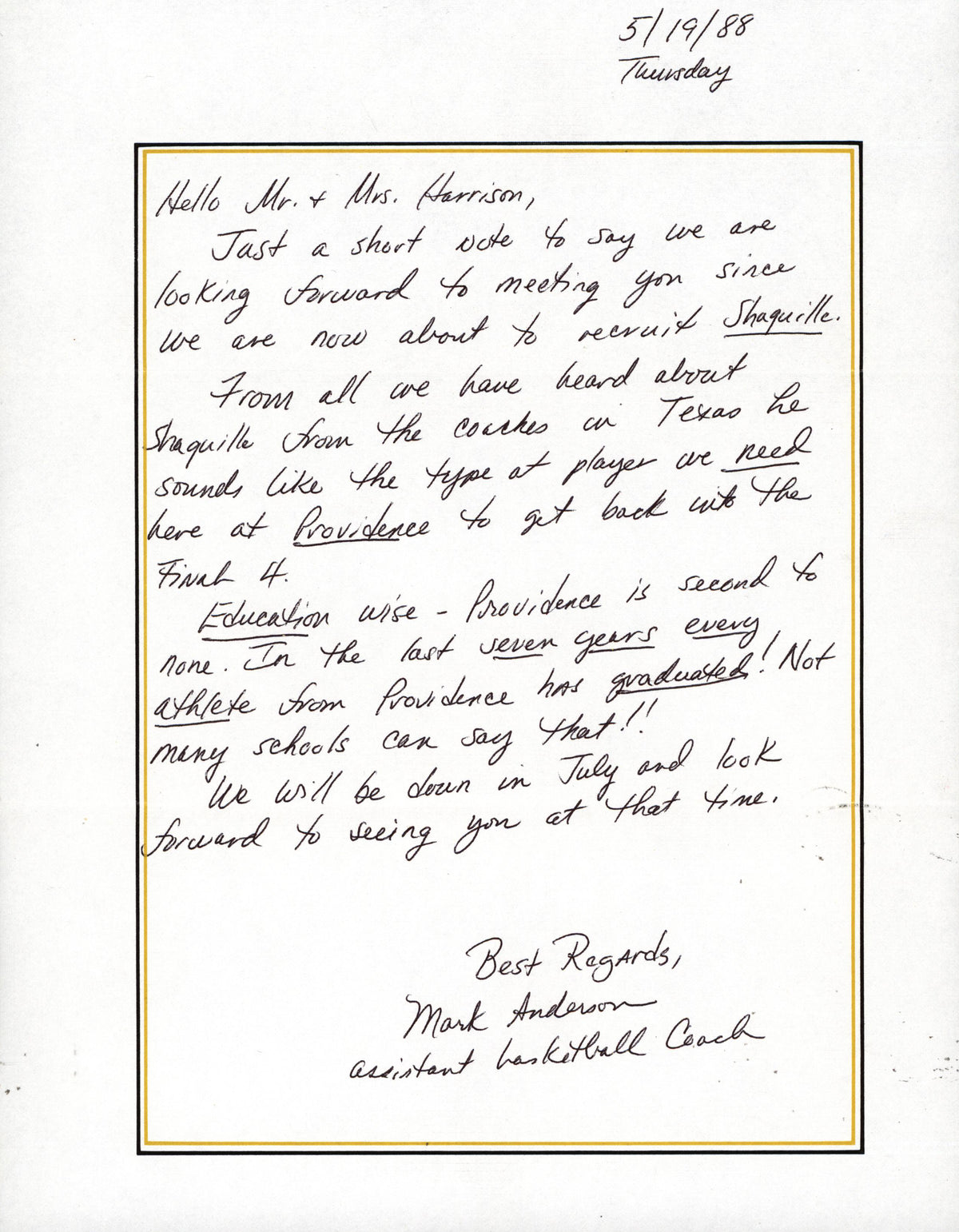 1988 Providence College Shaquille O'Neal Handwritten Recruitment Letter