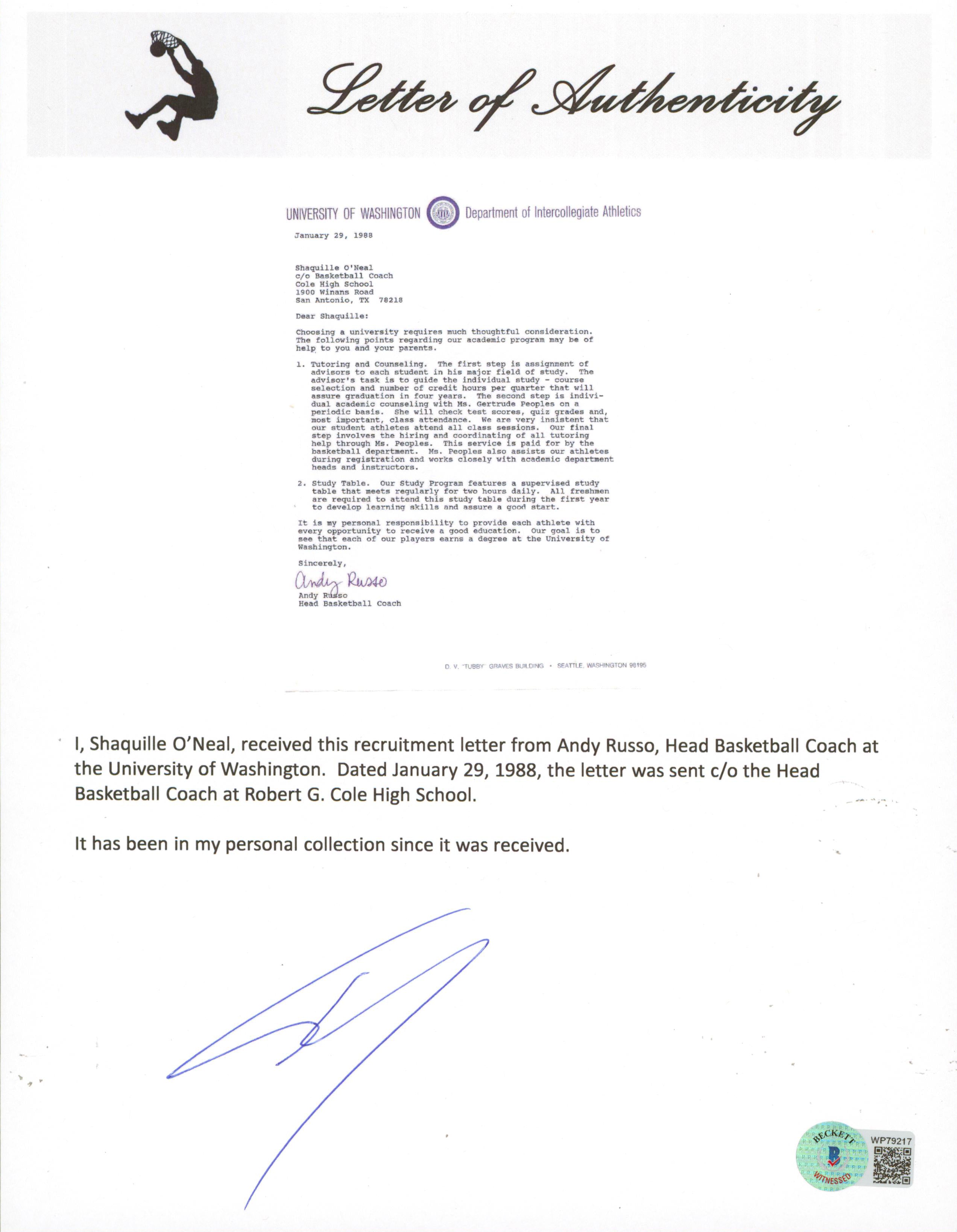 Shaquille O'Neal Signed 1988 University of Washington Recruitment Letter BAS