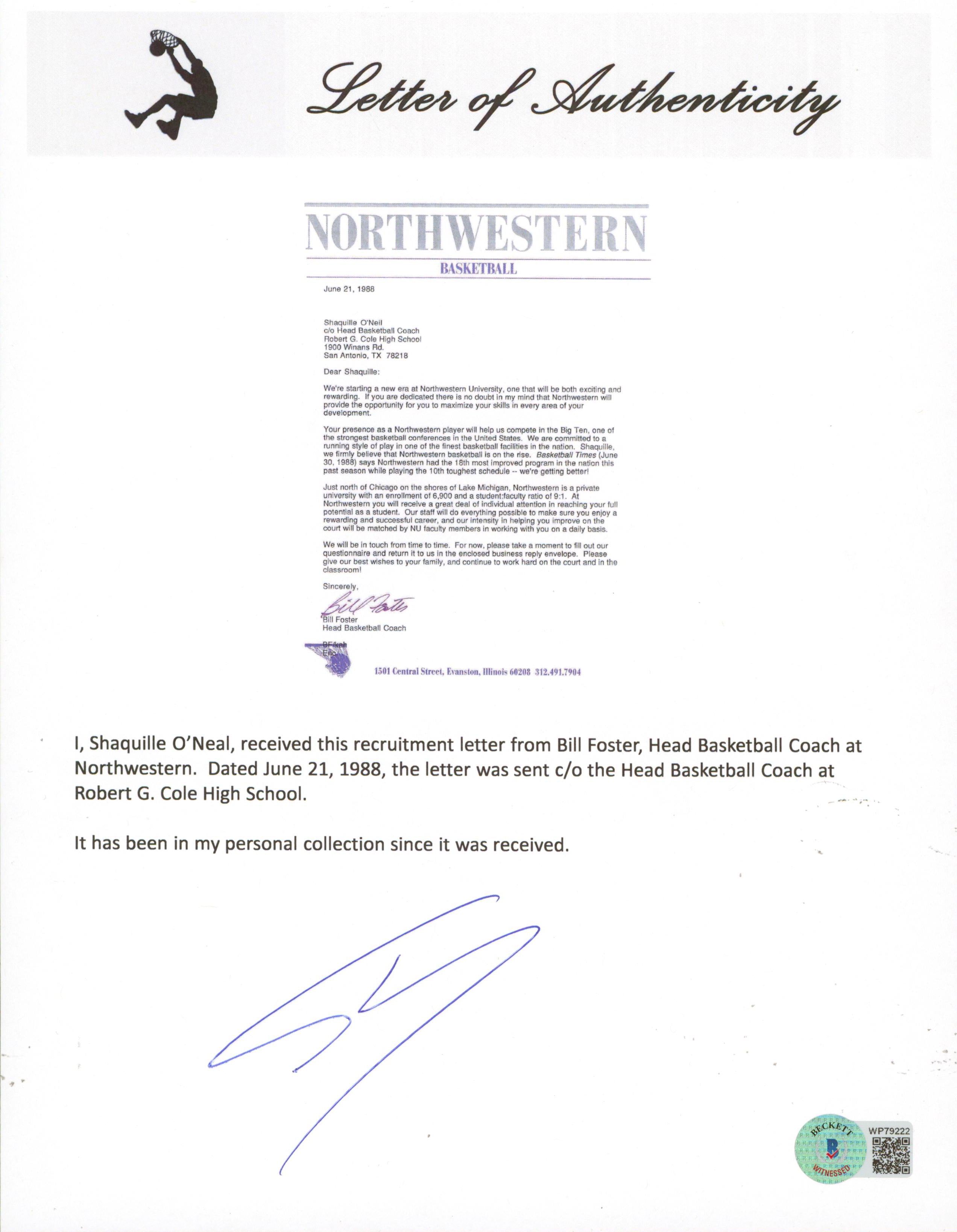 Shaquille O'Neal Authentic Signed 1988 Northwestern Recruitment Letter BAS