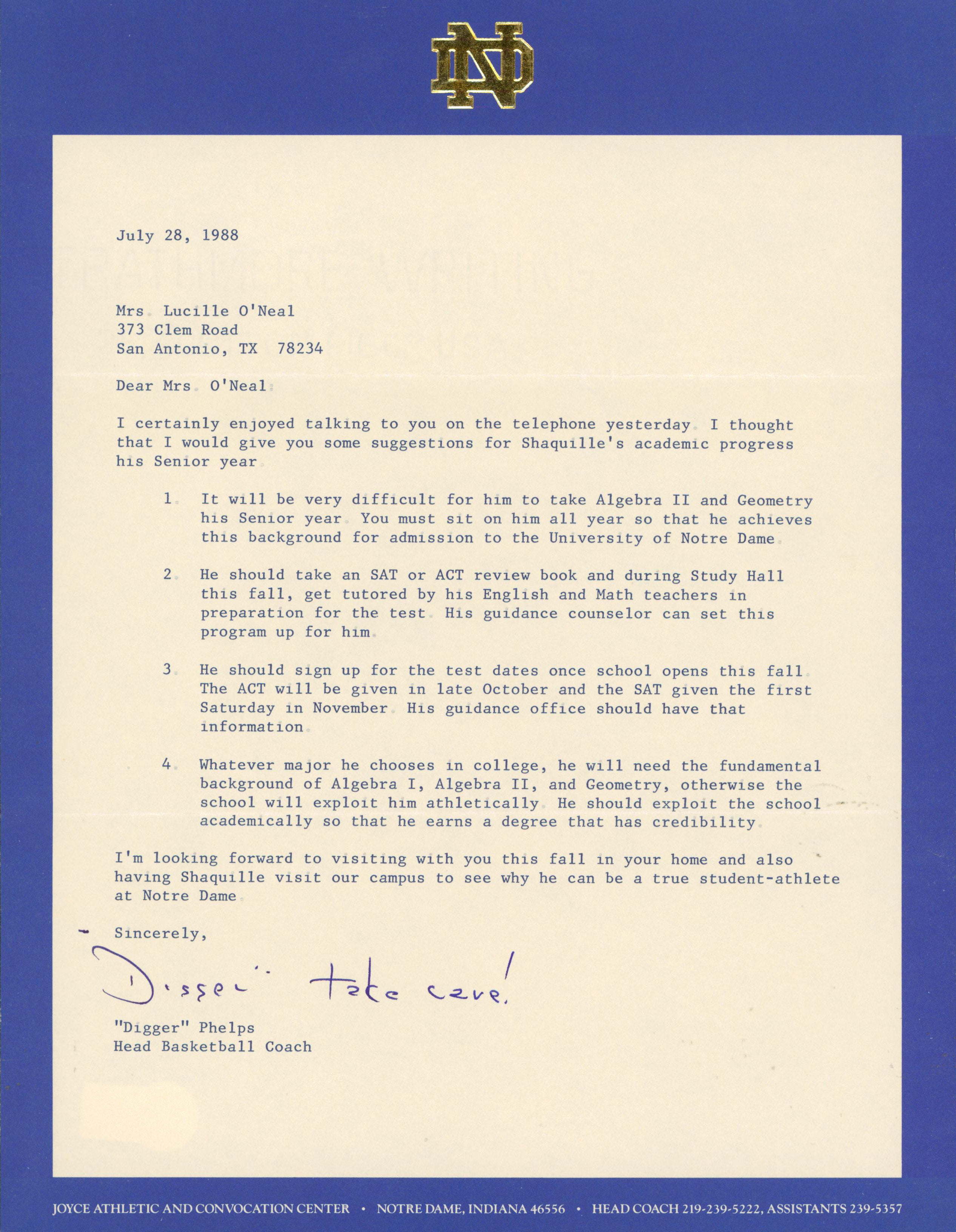 Digger Phelps Signed 1988 Notre Dame Shaquille O'Neal Recruitment Letter