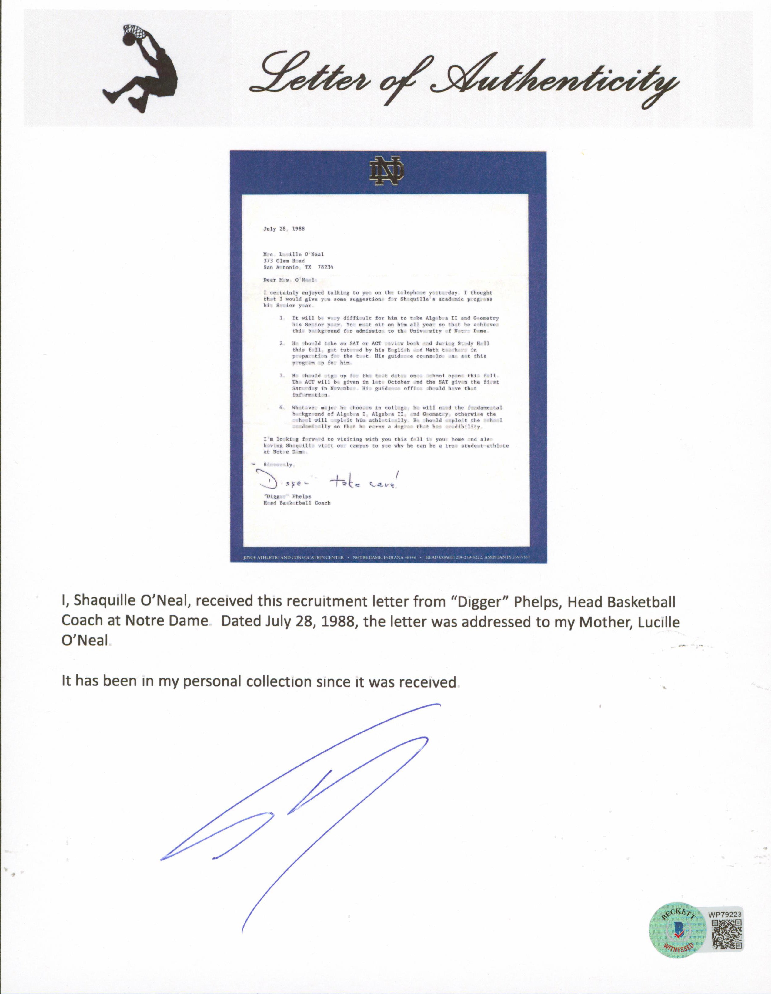 Digger Phelps Signed 1988 Notre Dame Shaquille O'Neal Recruitment Letter