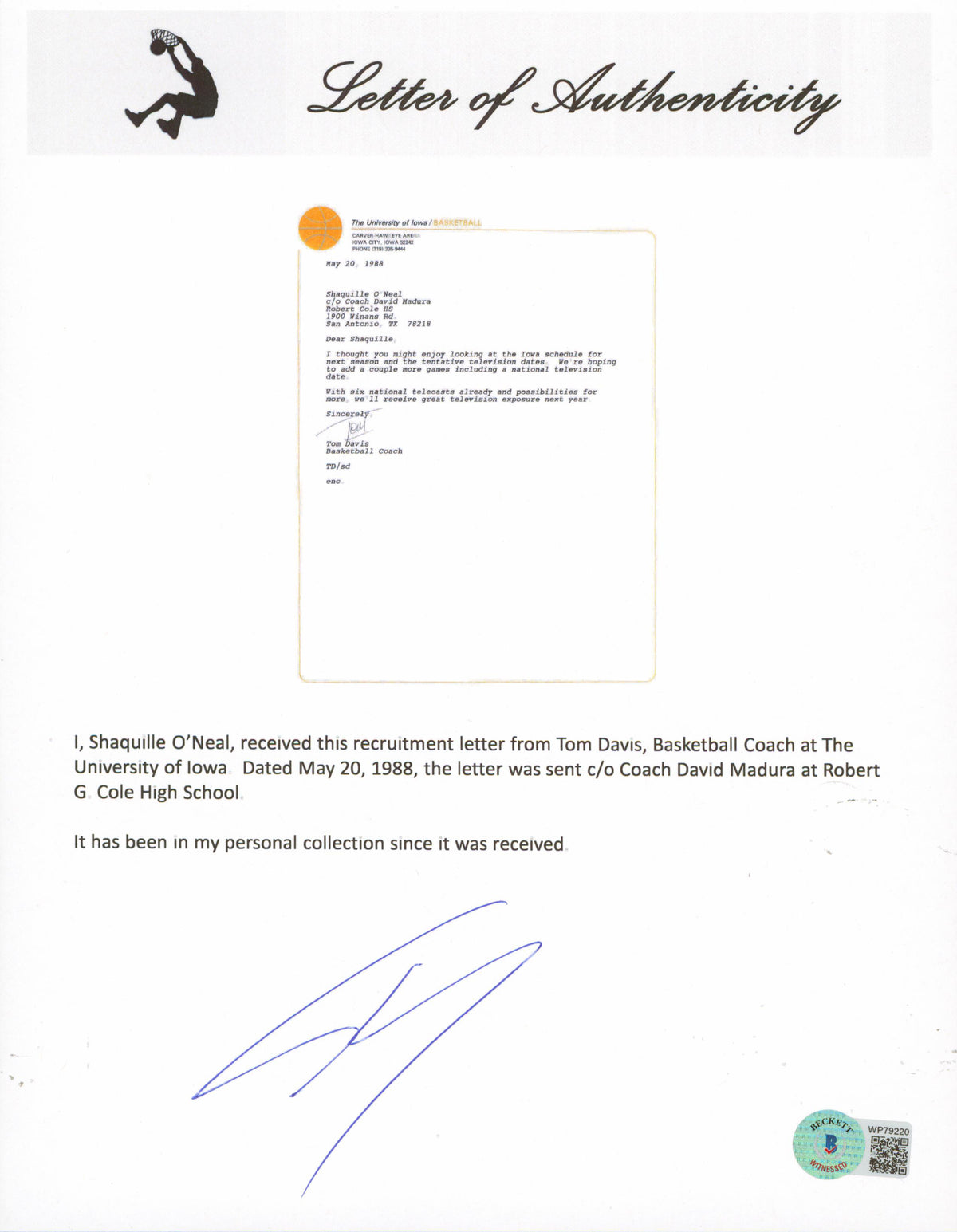 Tom Davis Signed 1988 University of Iowa Shaquille O'Neal Recruitment Letter