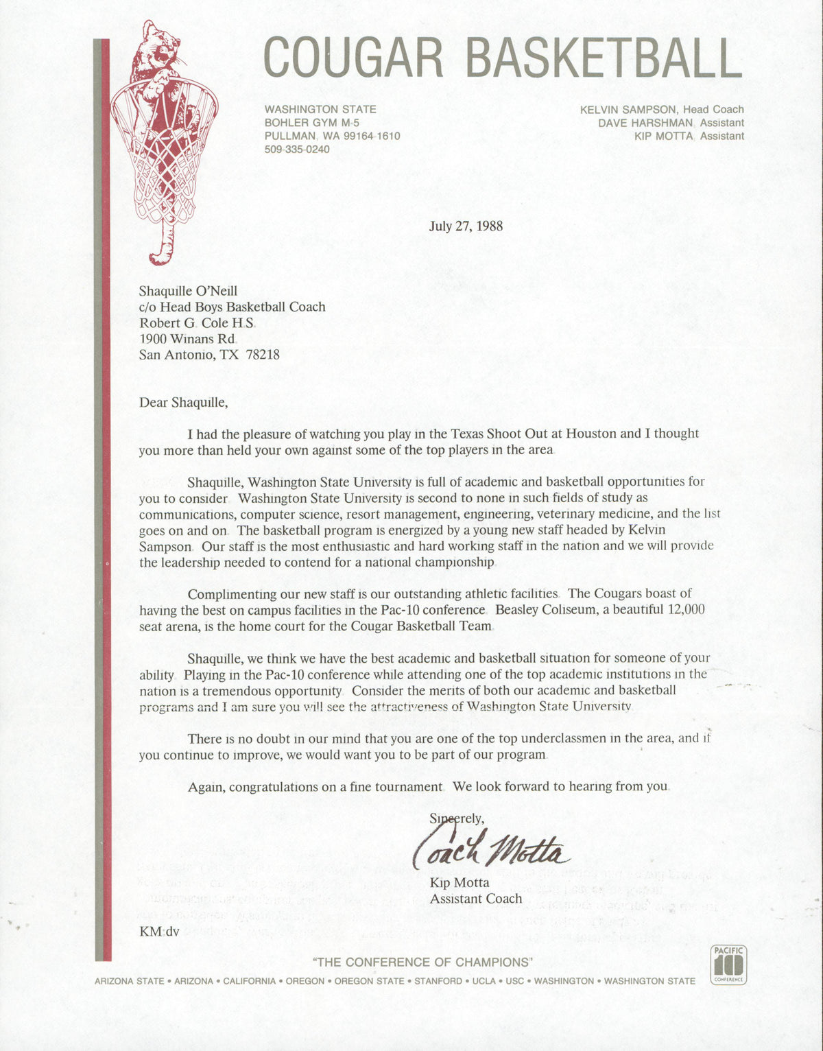 1988 Washington State University Shaquille O'Neal Recruitment Letter