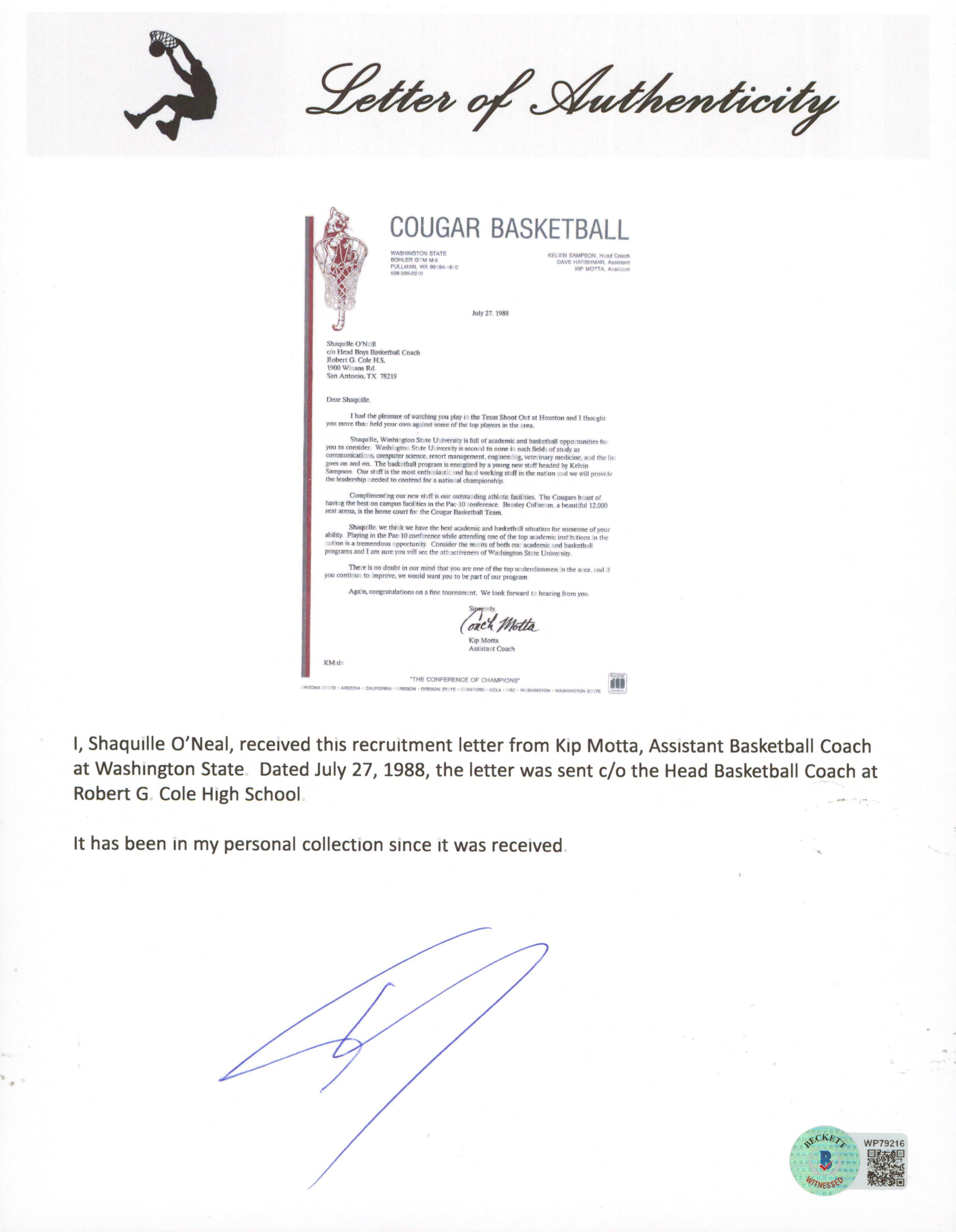 Shaquille O'Neal Signed 1988 Washington State University Recruitment Letter BAS
