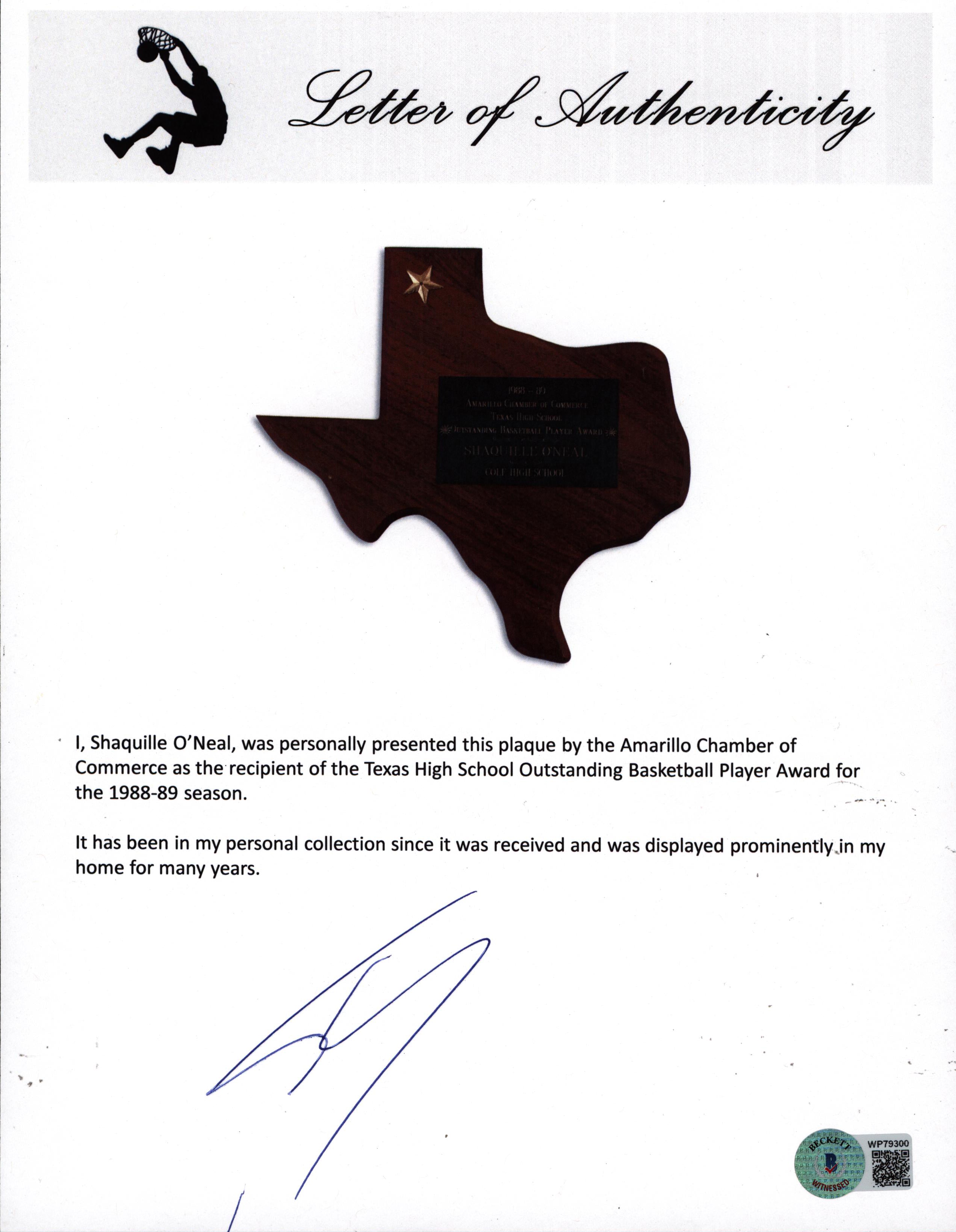 Shaquille O'Neal 1989 Texas HS Outstanding Basketball Player Award Plaque BAS W