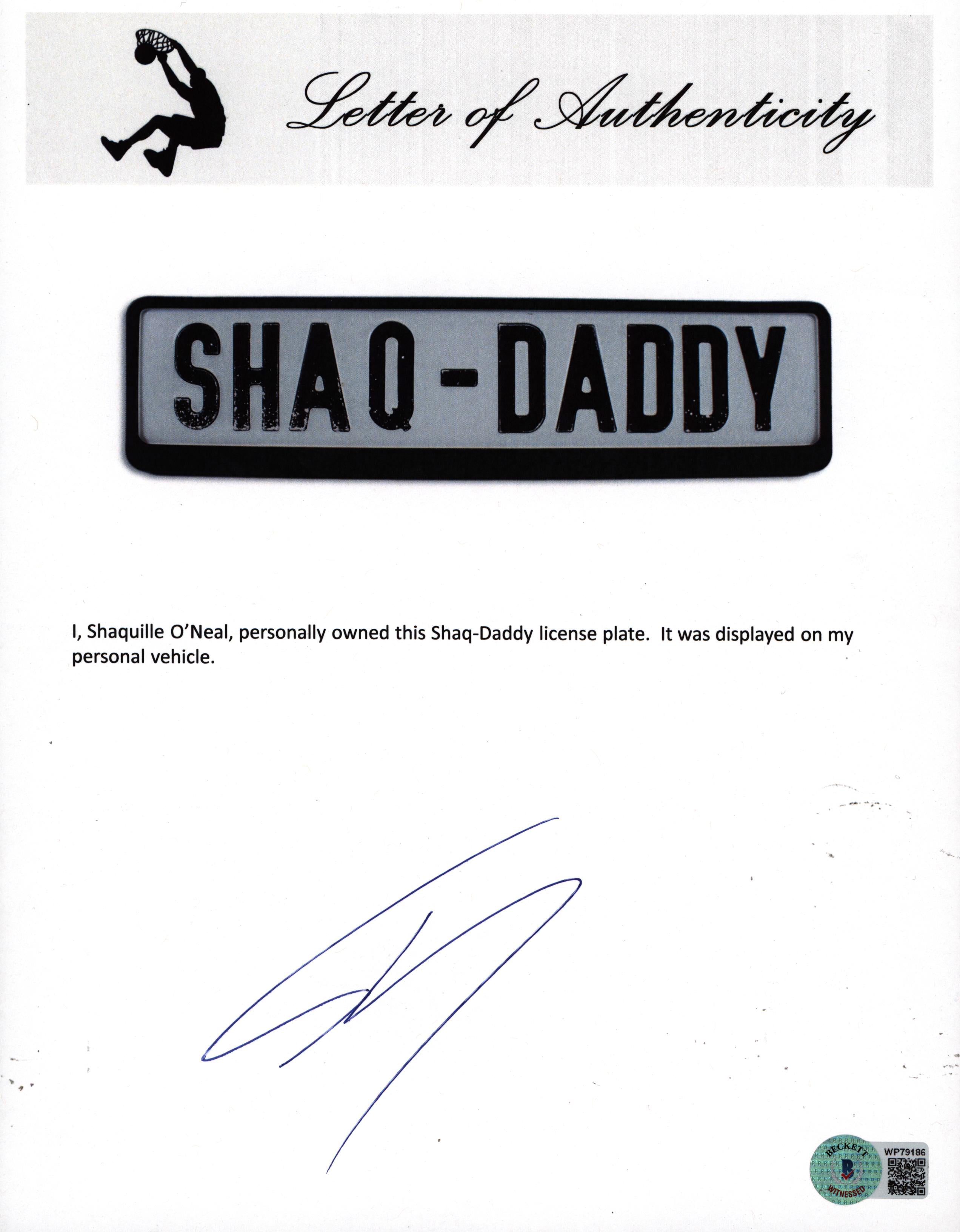 Lakers Shaquille O'Neal Shaq-Daddy License Plate BAS Witnessed