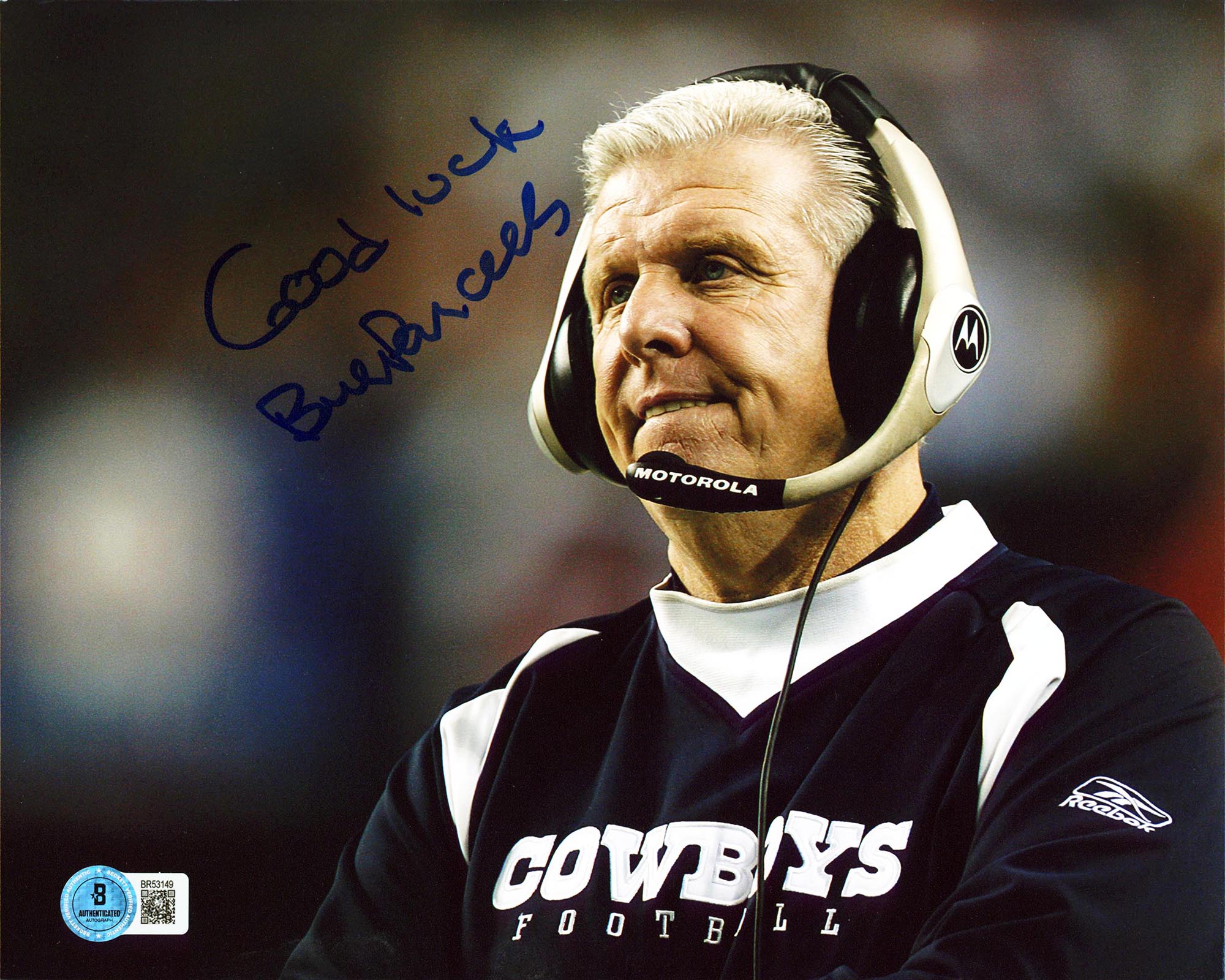 Cowboys Bill Parcells "Good Luck" Signed 8x10 Horizontal Photo BAS #BR53149