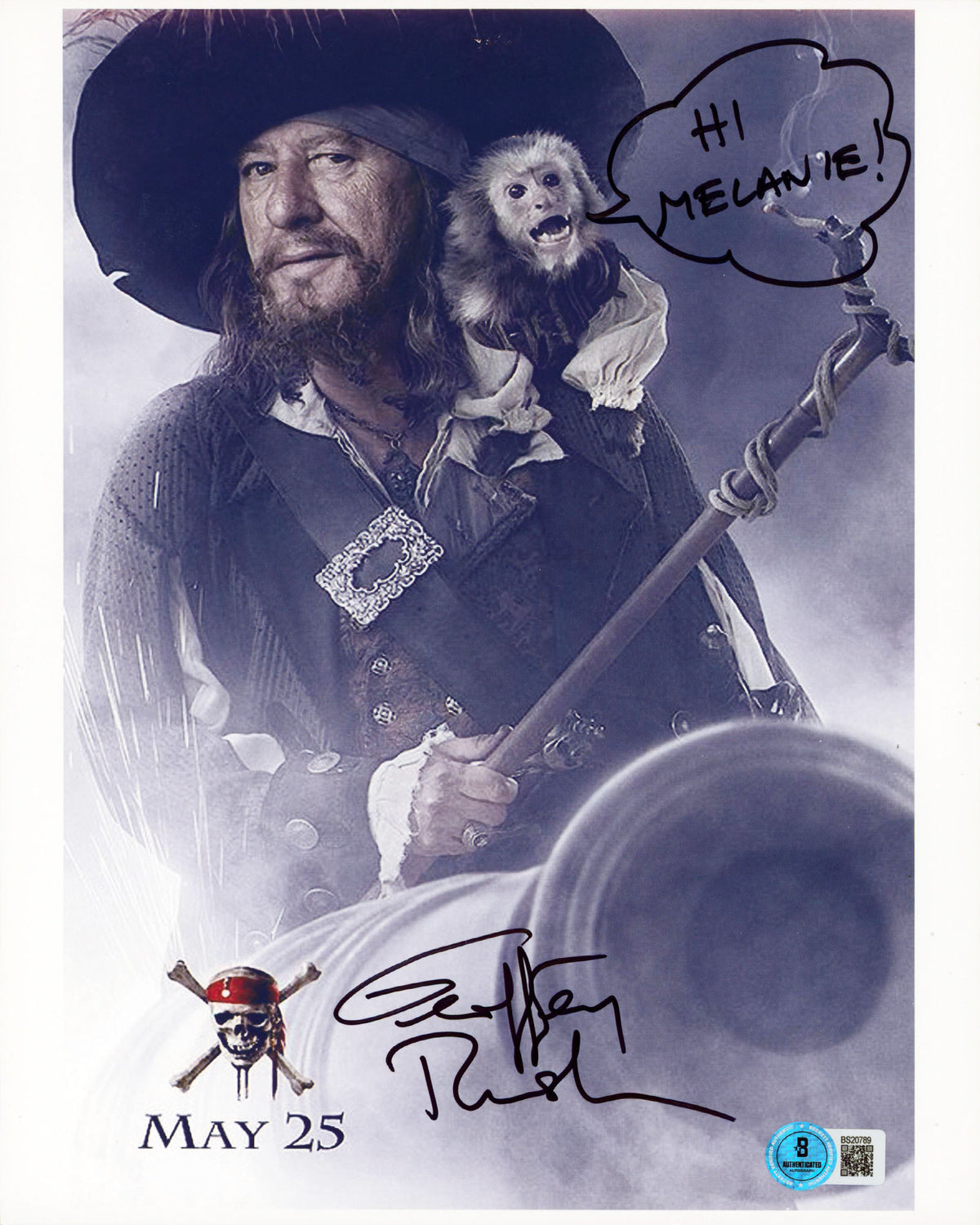 Geoffrey Rush Pirates Of The Caribbean "Hi Melanie" Signed 8.5x11 Photo BAS