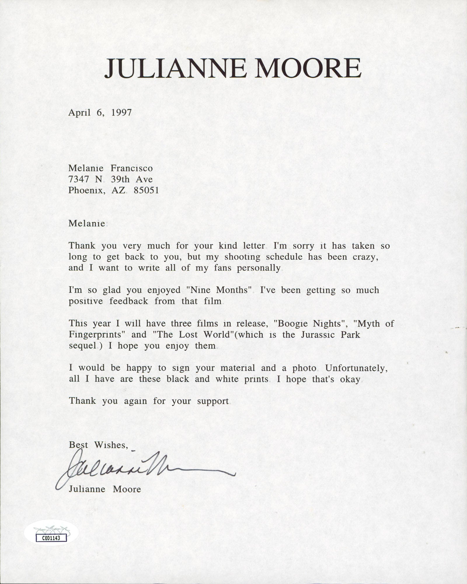 Julianne Moore Boogie Nights Authentic Signed 8.5x11 Letter JSA #CE01143