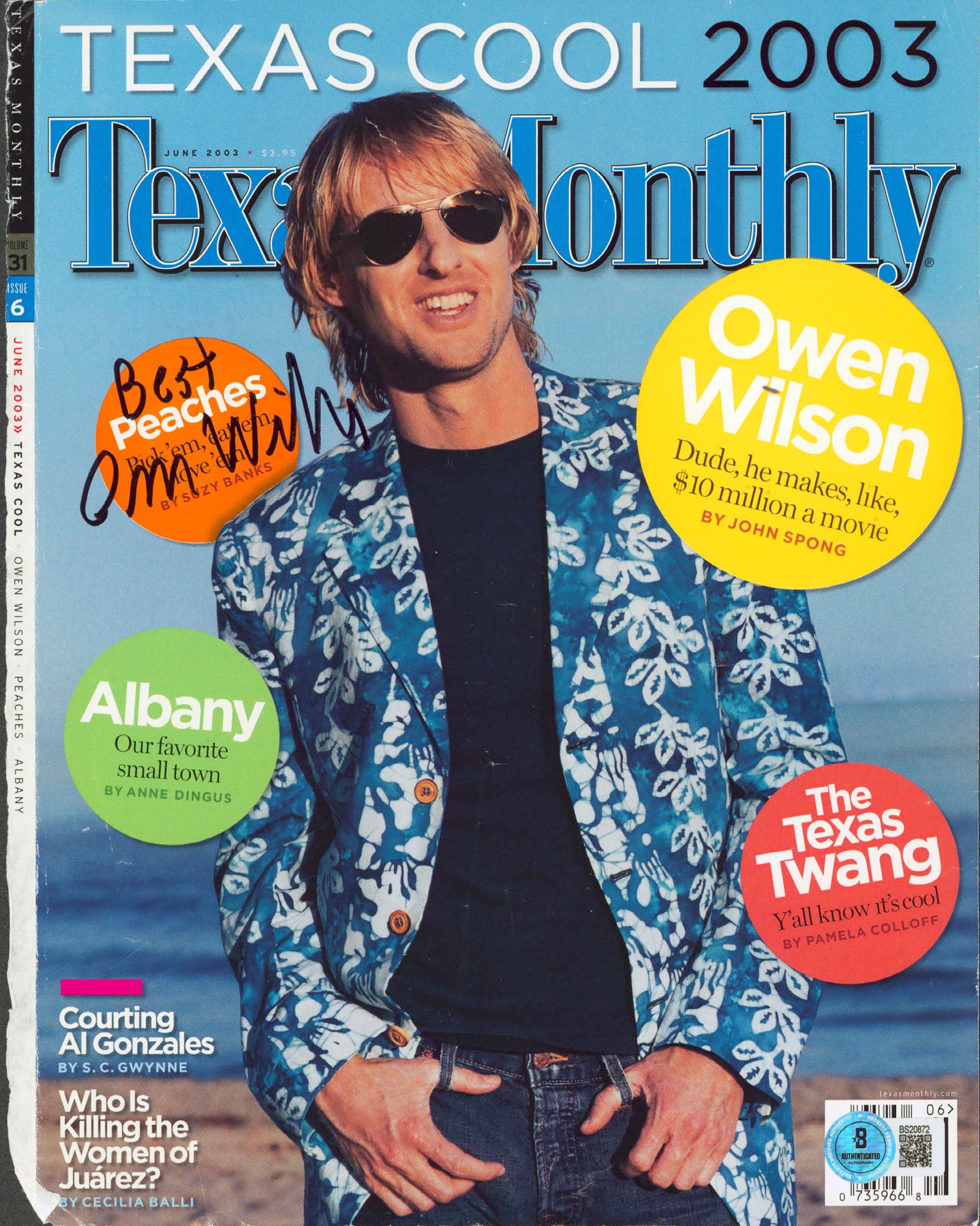 Owen Wilson "Best" Signed Texas Monthly Magazine Cover June 2003 BAS #BS20872