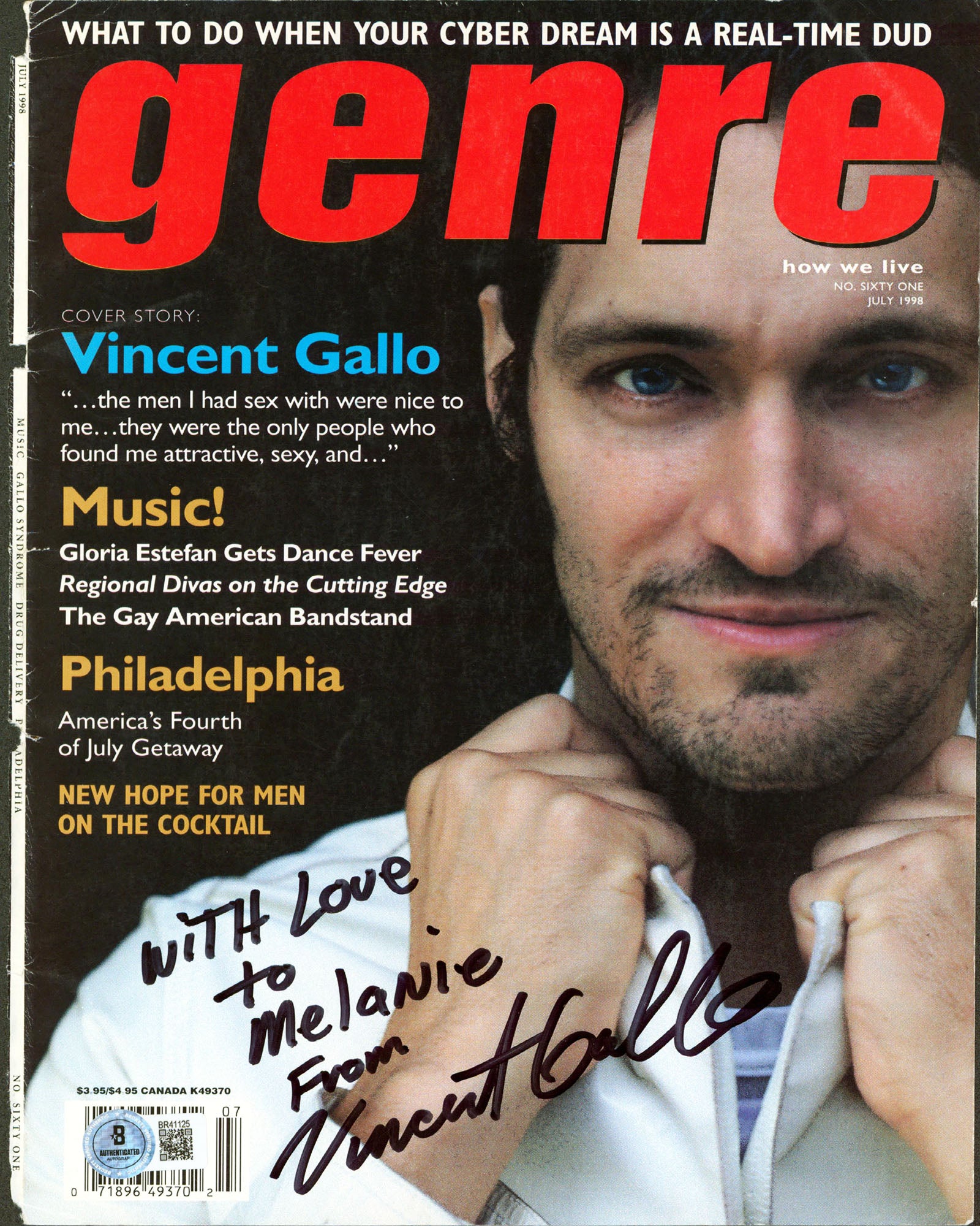 Vincent Gallo Authentic Signed Genre Magazine Cover July 1998 BAS #BR41125