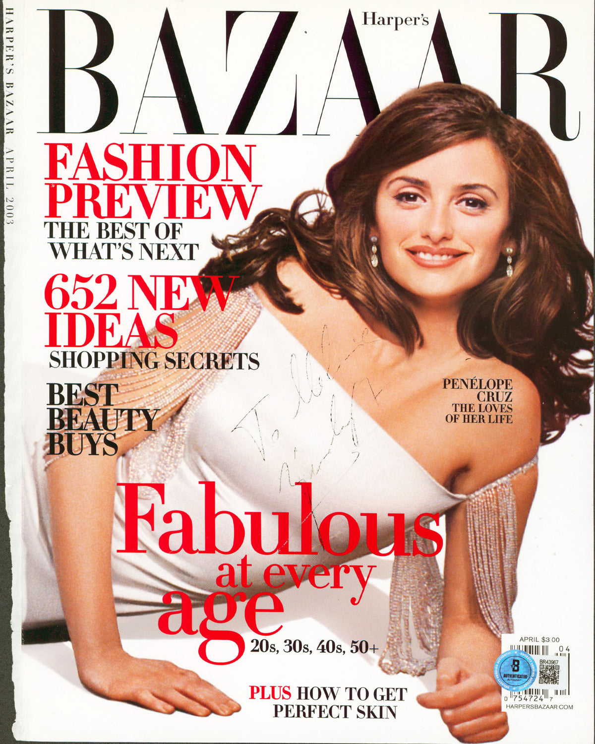 Penelope Cruz "To Melanie" Signed Bazaar Magazine Cover April 2003 BAS #BR43967