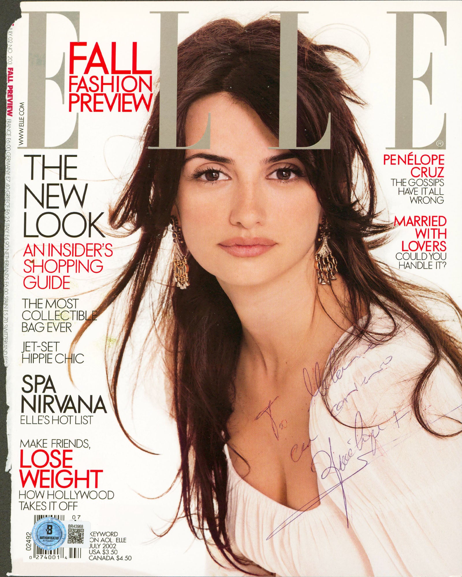 Penelope Cruz "To Melanie" Signed Elle Magazine Cover July 2002 BAS #BR43968