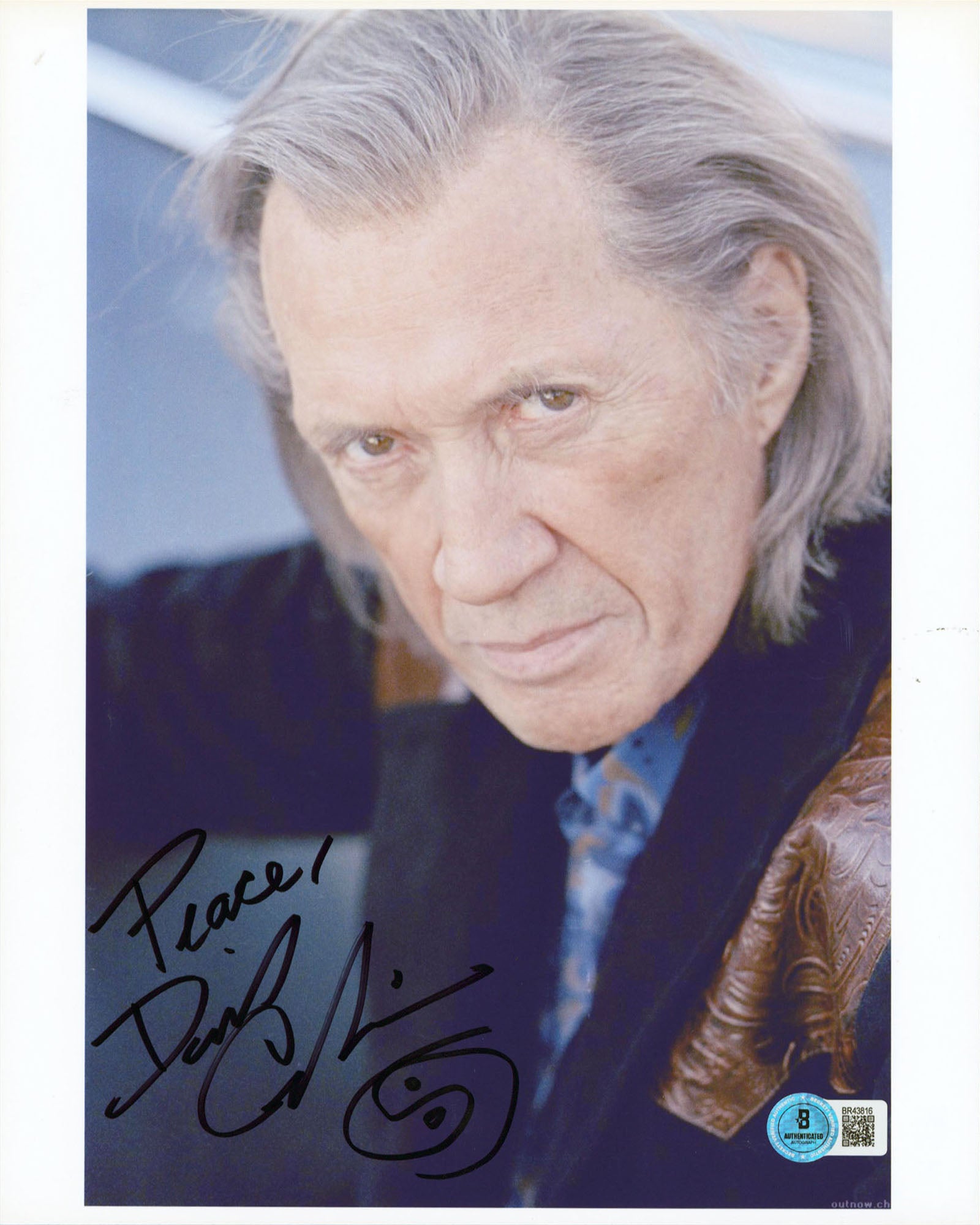 David Carradine Kill Bill "Peace!" Signed 8.5x11 Photo w/ Sketch BAS #BR43816