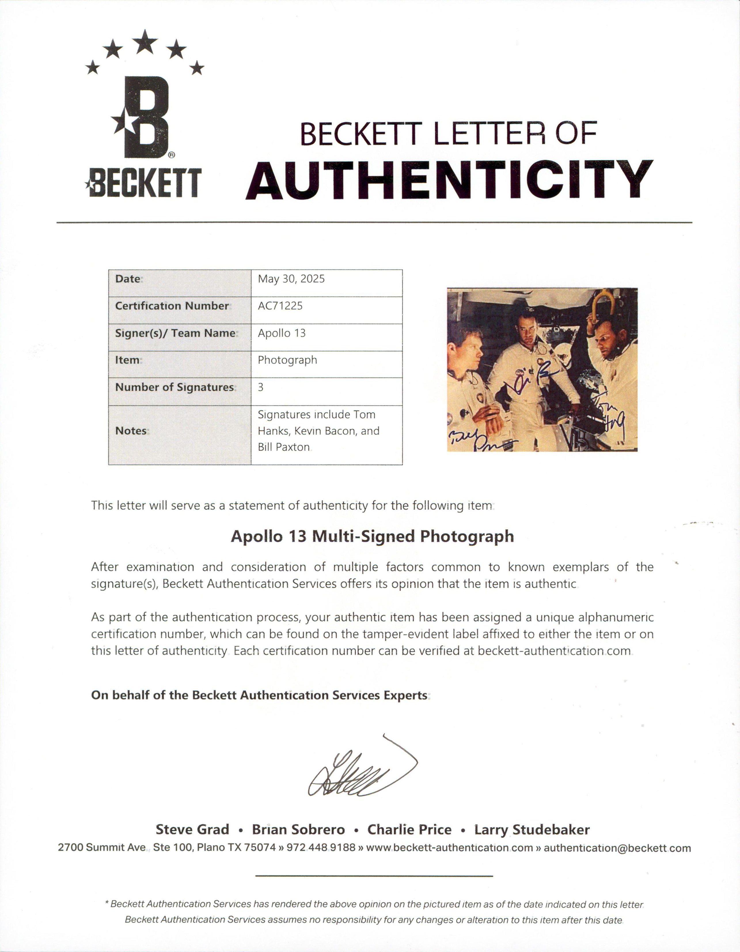 Apollo 13 (3) Hanks, Bacon, & Paxton Signed 8x10 Framed Photo BAS #AC71225