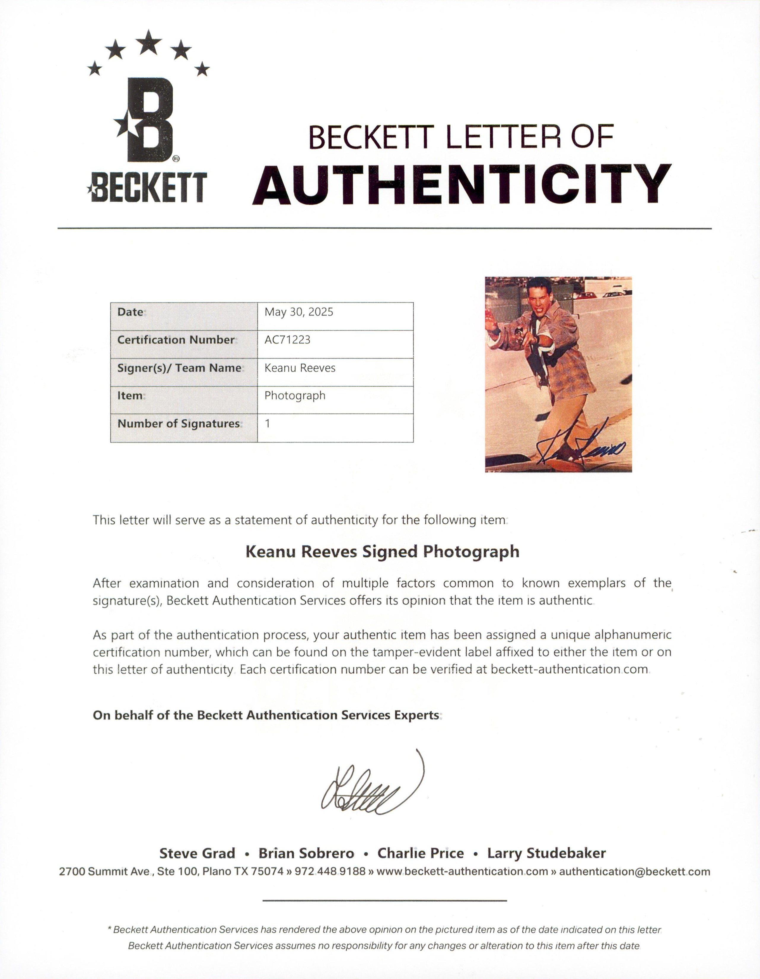 Keanu Reeves Speed Authentic Signed 8x10 Photo Autographed BAS LOA #AC71223