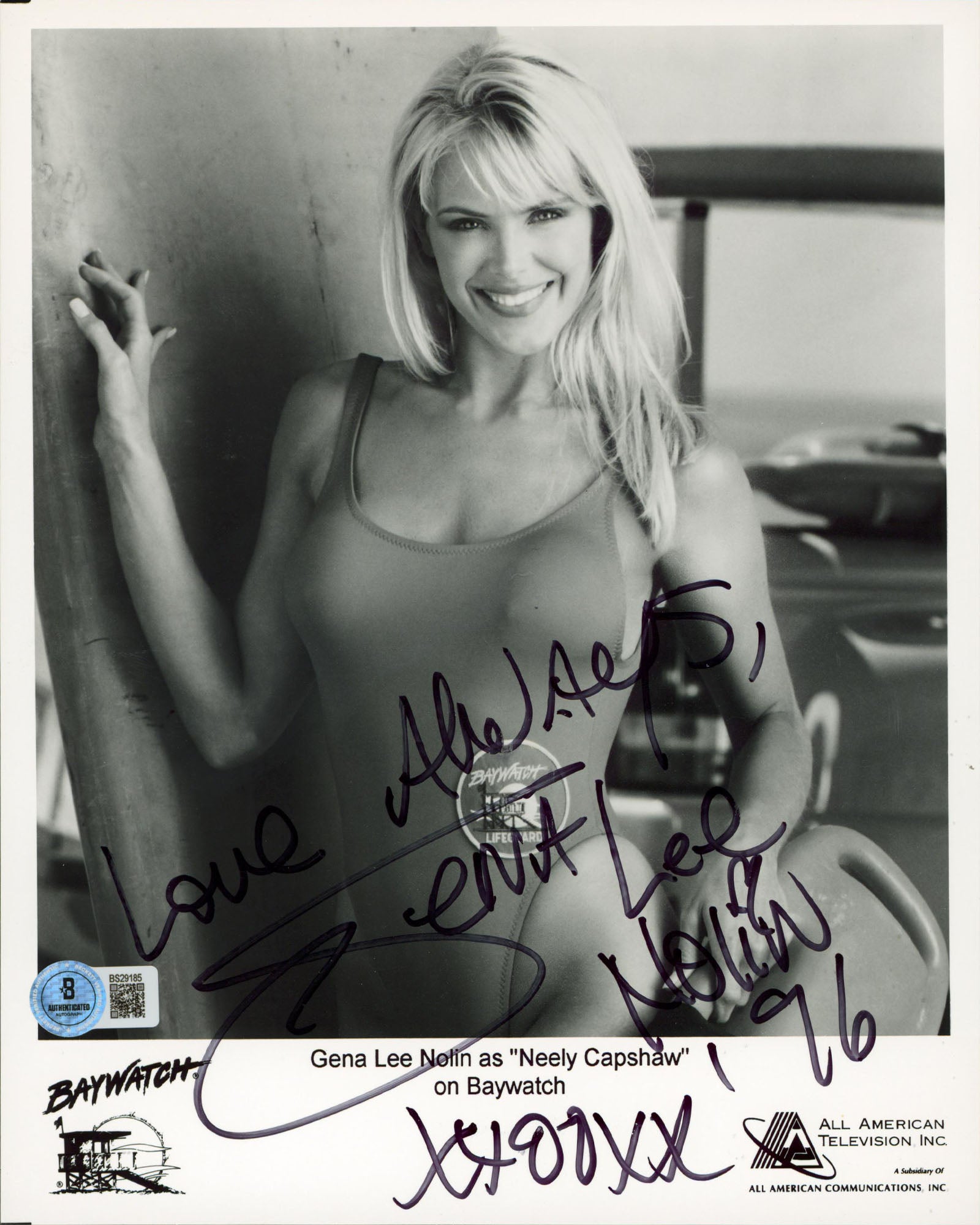 Gena Lee Nolin Baywatch "Love Always" Authentic Signed 8x10 Photo BAS #BS29185