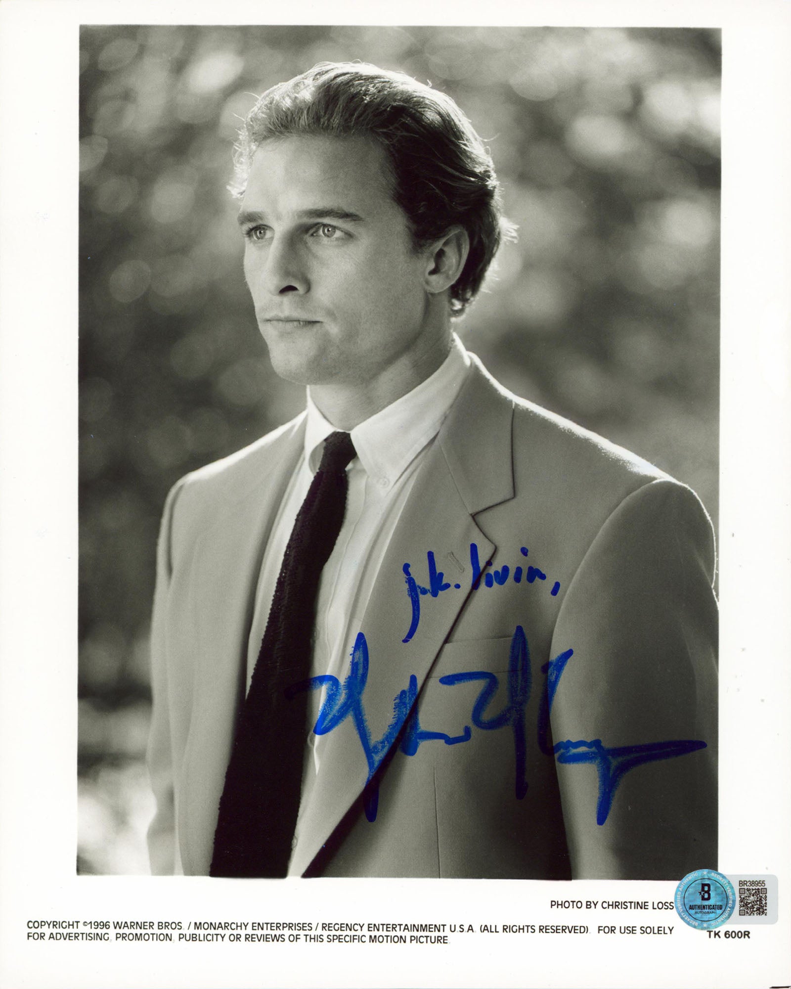 Matthew McConaughey A Time to Kill "J.K. Livin" Signed 8x10 Photo BAS #BR38955