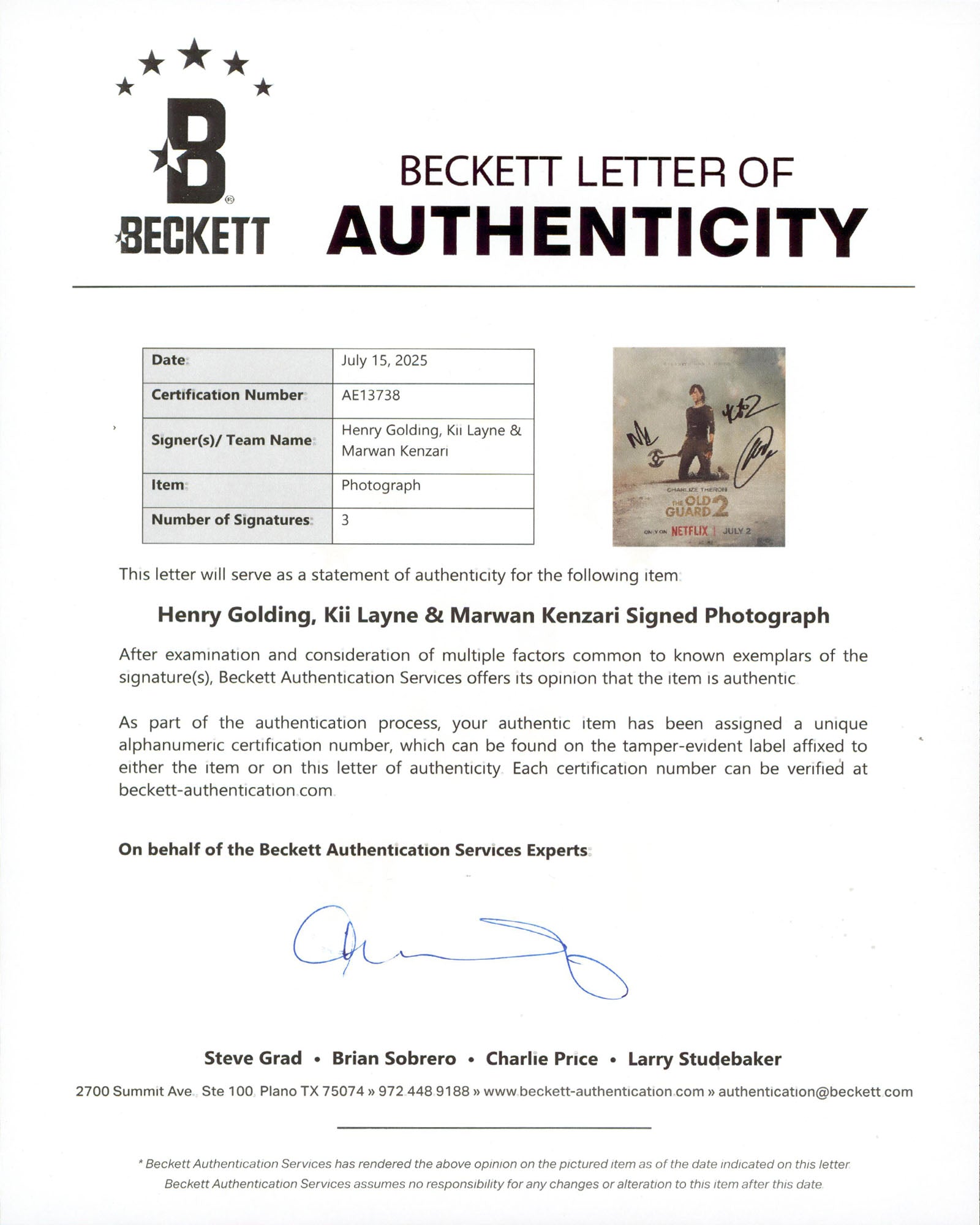 The Old Guard 2 (3) Golding, Layne & Kenzari Signed 11x14 Photo BAS #AE13738