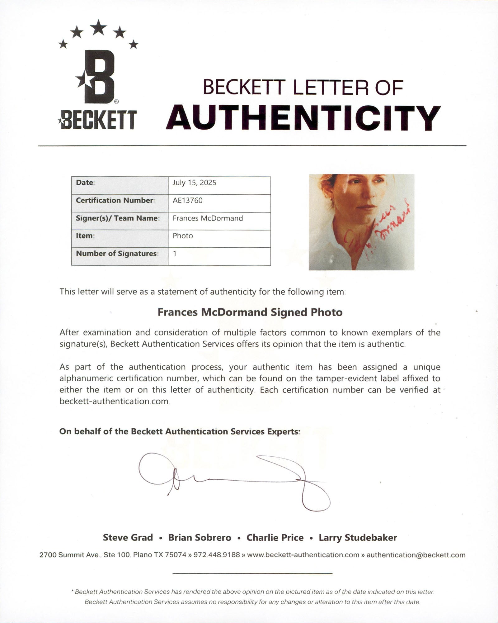 Frances McDormand Almost Famous Authentic Signed 8x10 Vertical Photo BAS AE13760