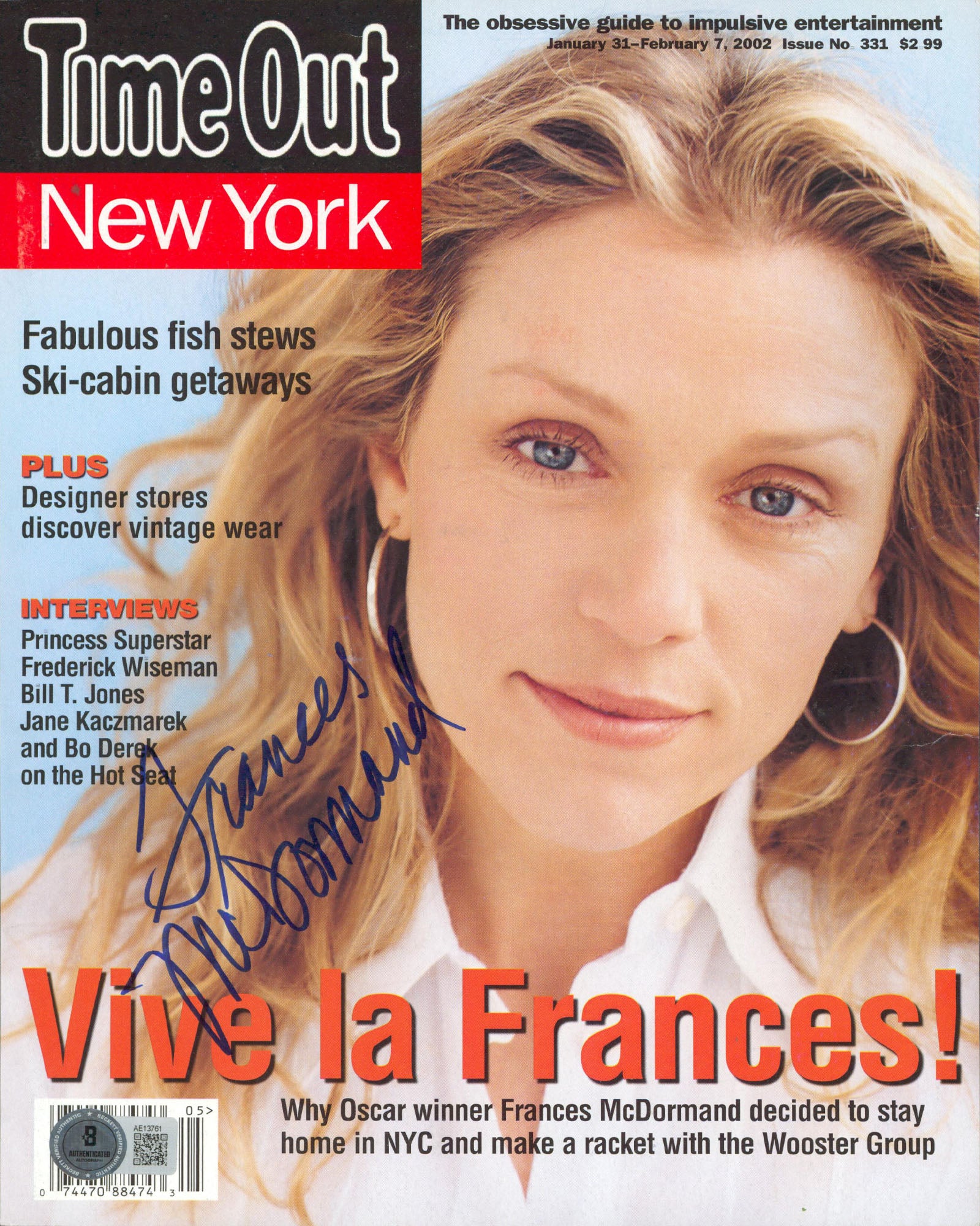 Frances McDormand Signed Time Out New York Magazine Cover Jan 2002 BAS #AE13761