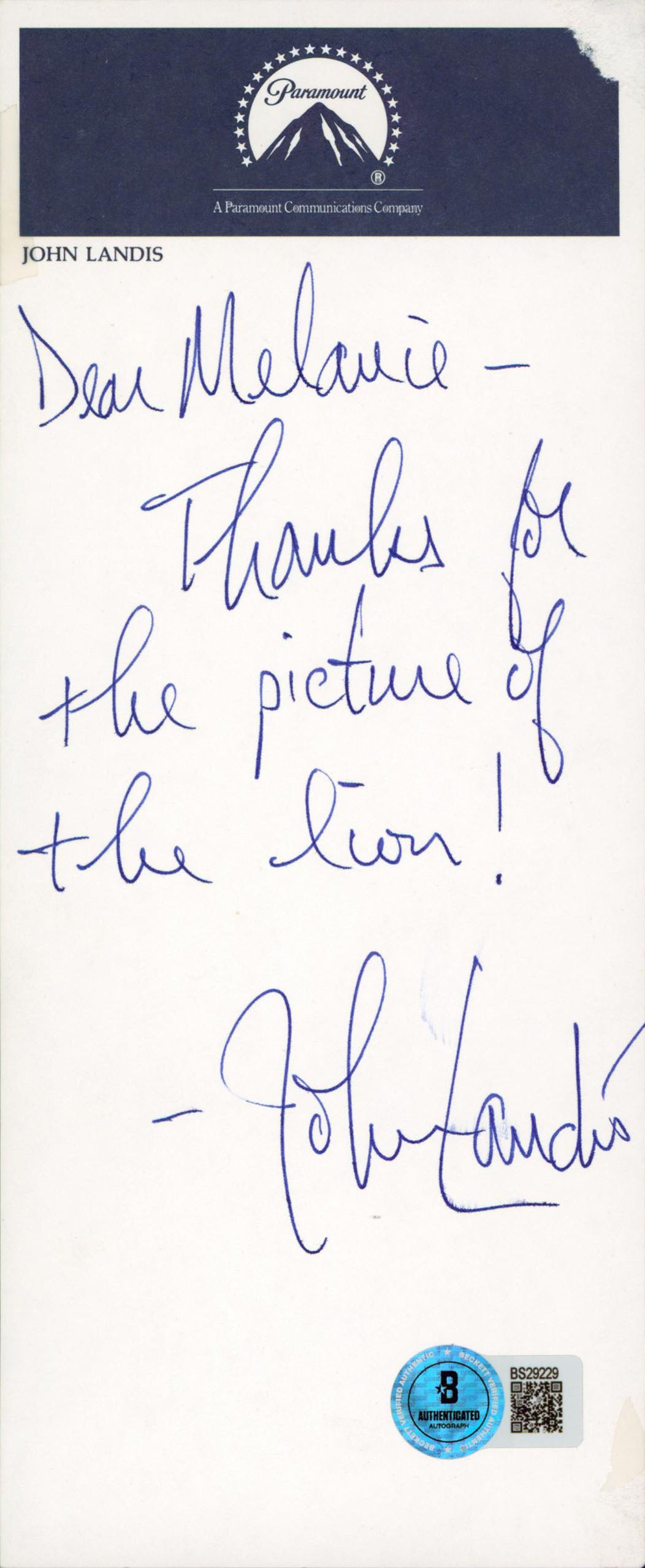 John Landis The Twilight Zone Signed 3.5x8.5 Paramount Card BAS #BS29229