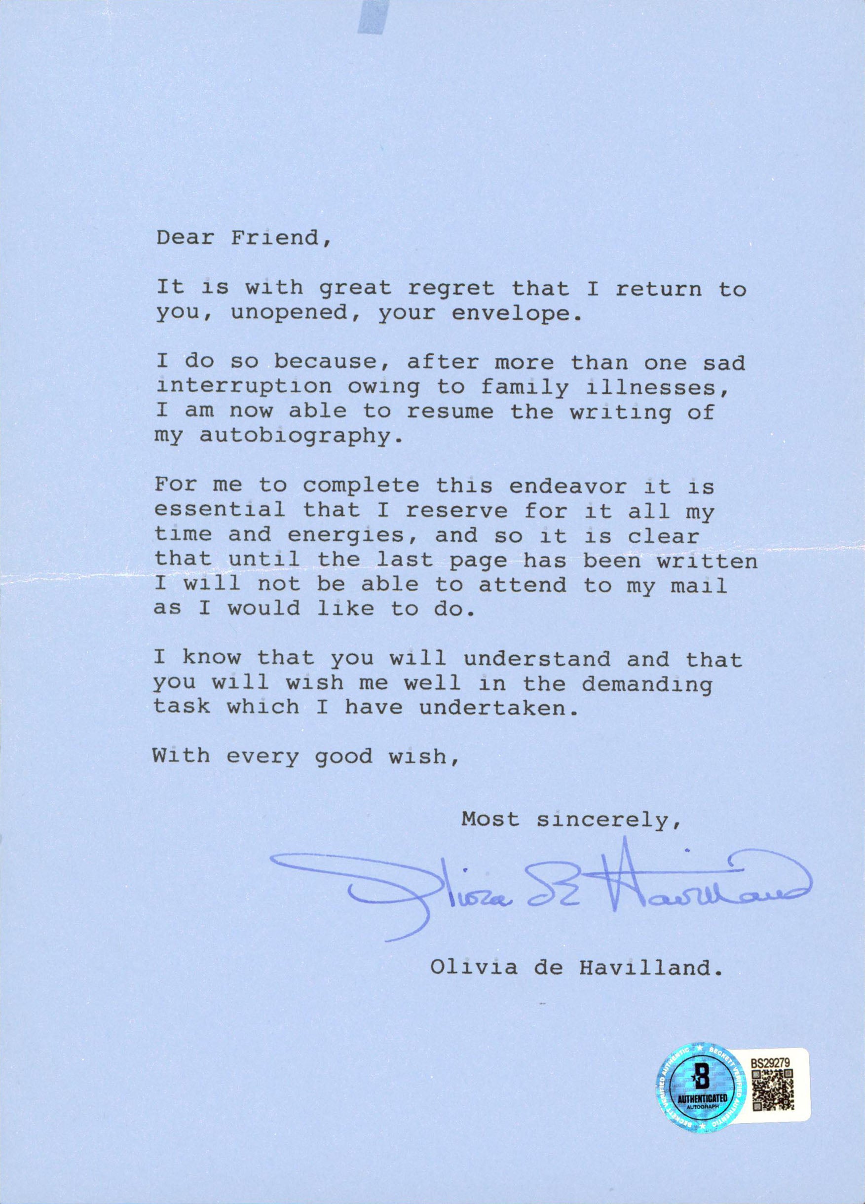 Olivia De Havilland Gone with the Wind Signed 5.75x8.25 Letter BAS #BS29279