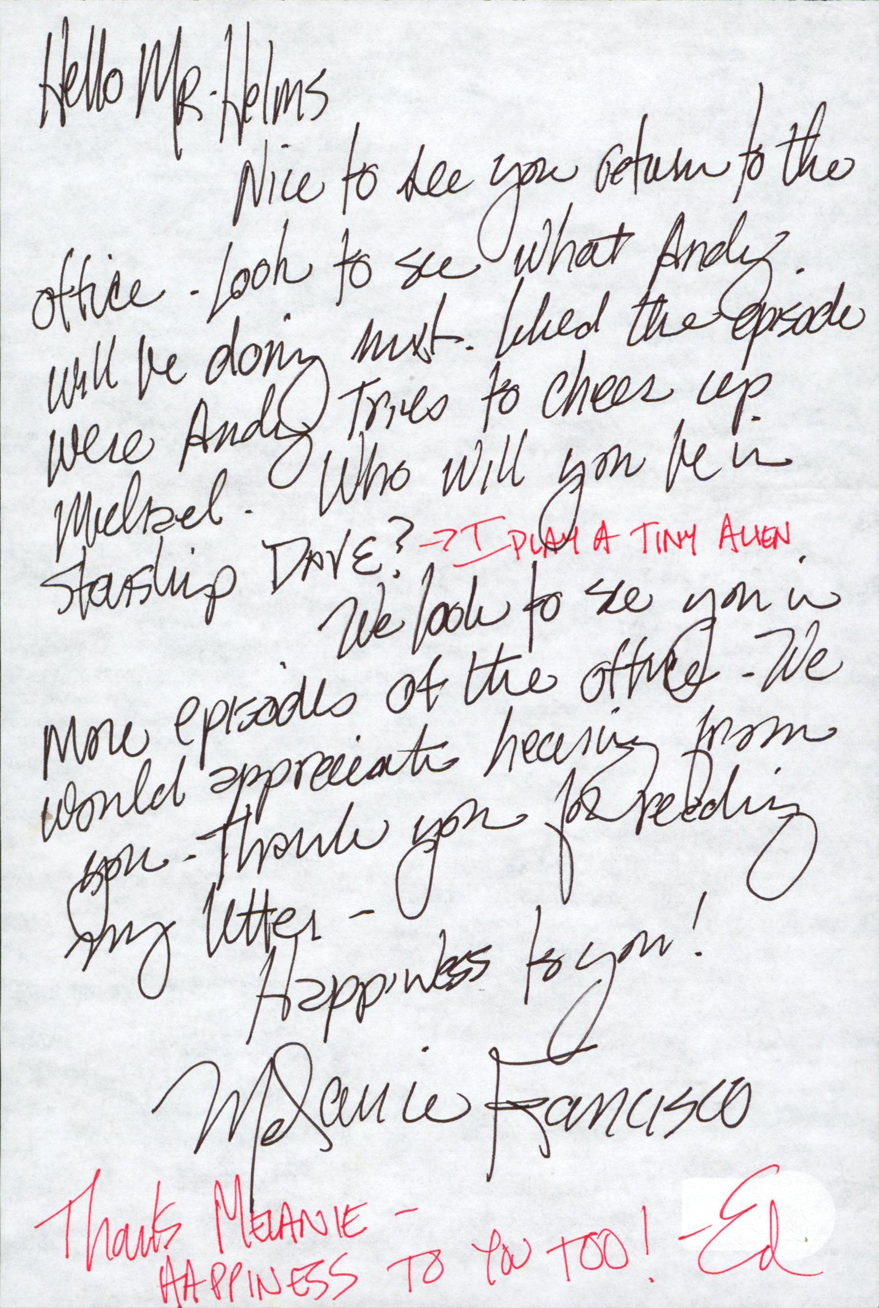 Ed Helms The Office "I Play A Tiny Alien" Signed 6x9 Personal Letter BAS BS20954