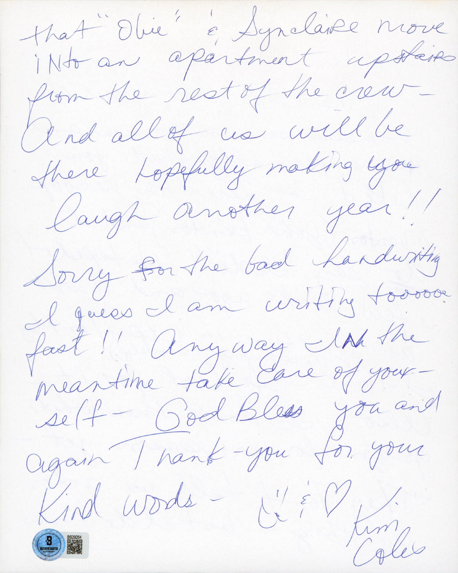 Kim Cole Living Single Authentic Signed 8.5x11 Handwritten Letter BAS #BS29254