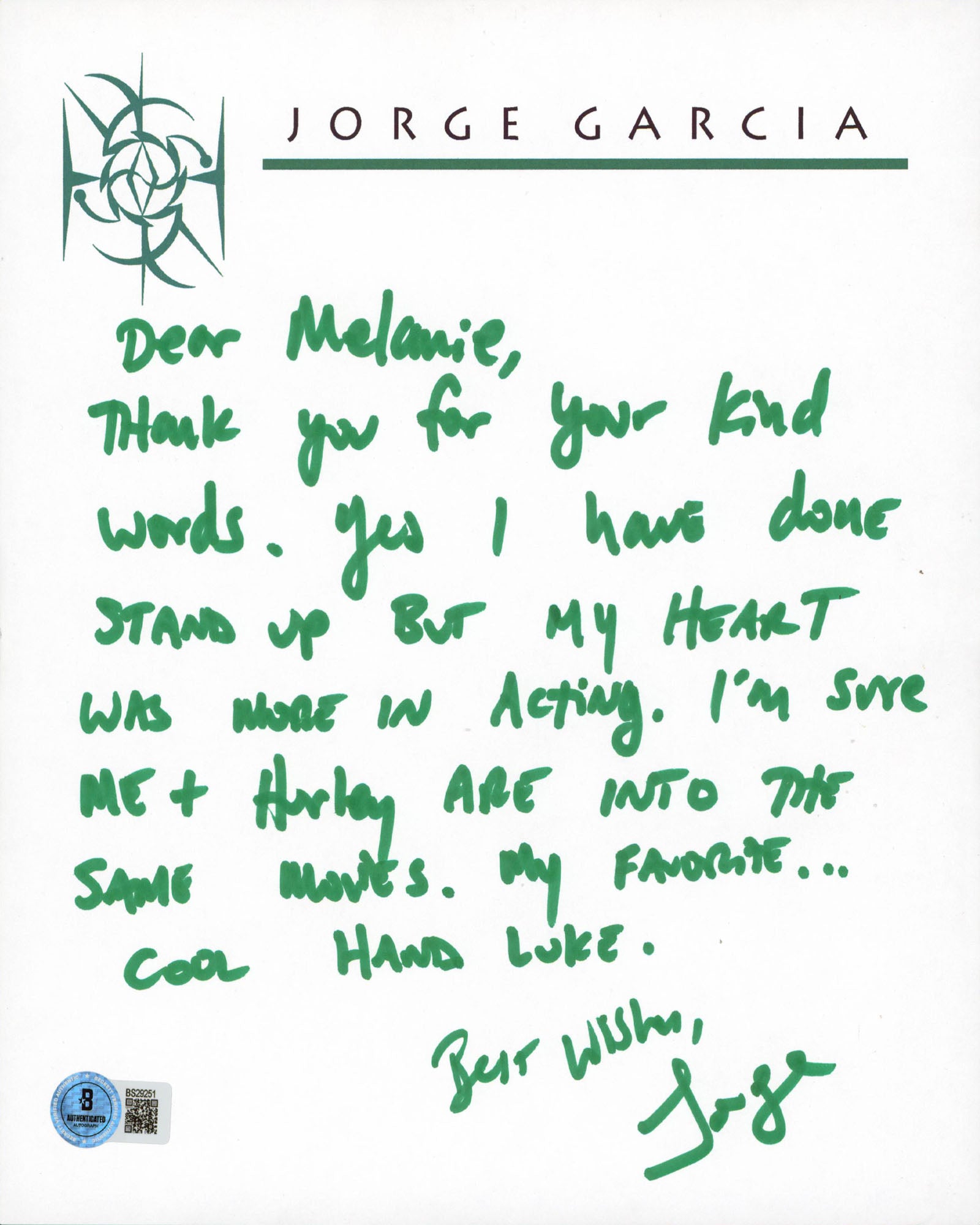 Jorge Garcia LOST Authentic Signed 8.5x10 Handwritten Letter BAS #BS29251