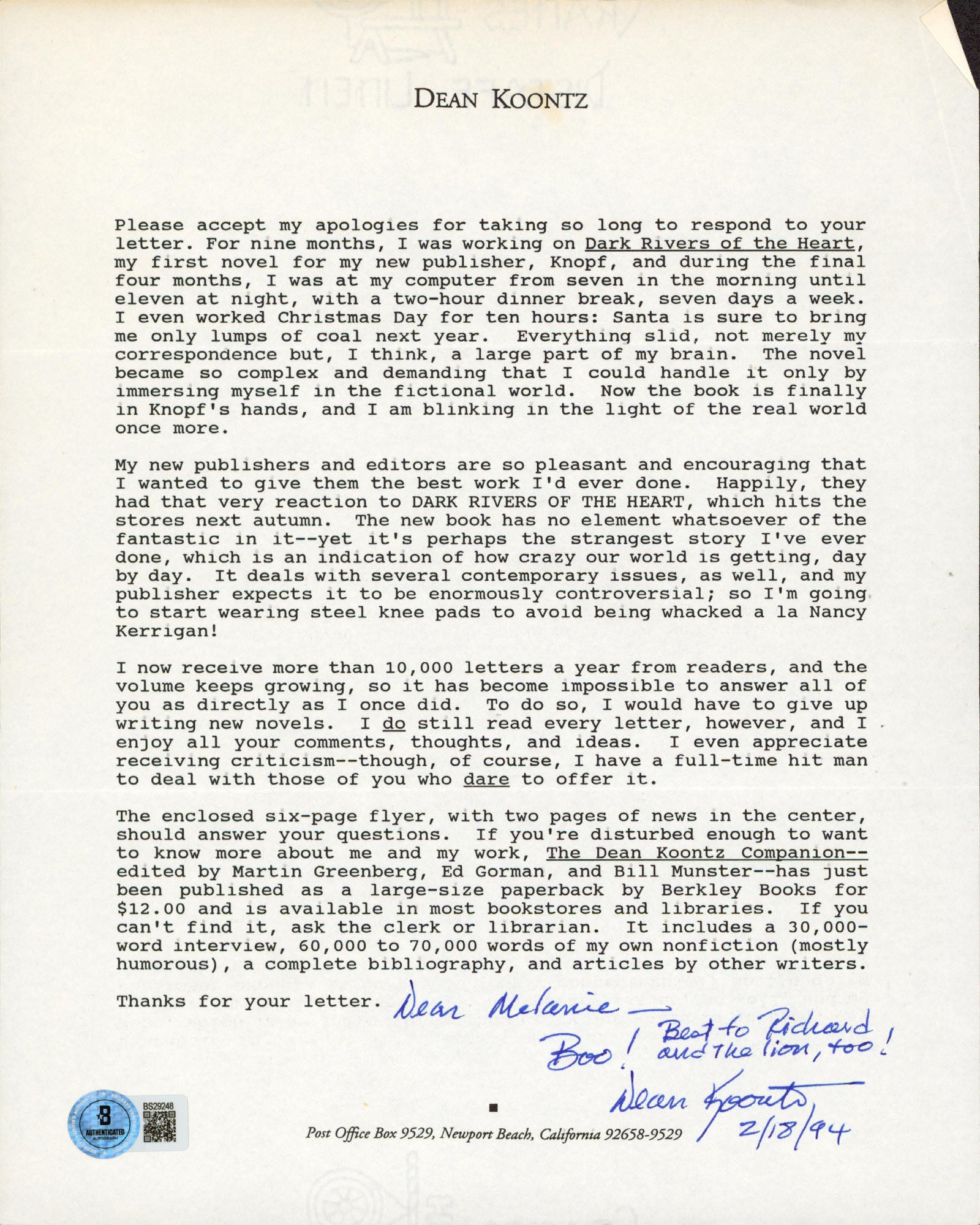 Dean Koontz Author Authentic Signed 8.5x11 Letter Autographed BAS #BS29248
