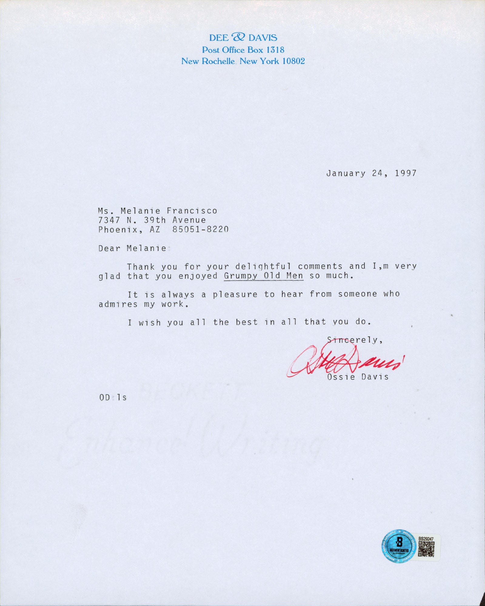 Ossie Davis Do the Right Thing Authentic Signed 8.5x11 Letter BAS #BS29247