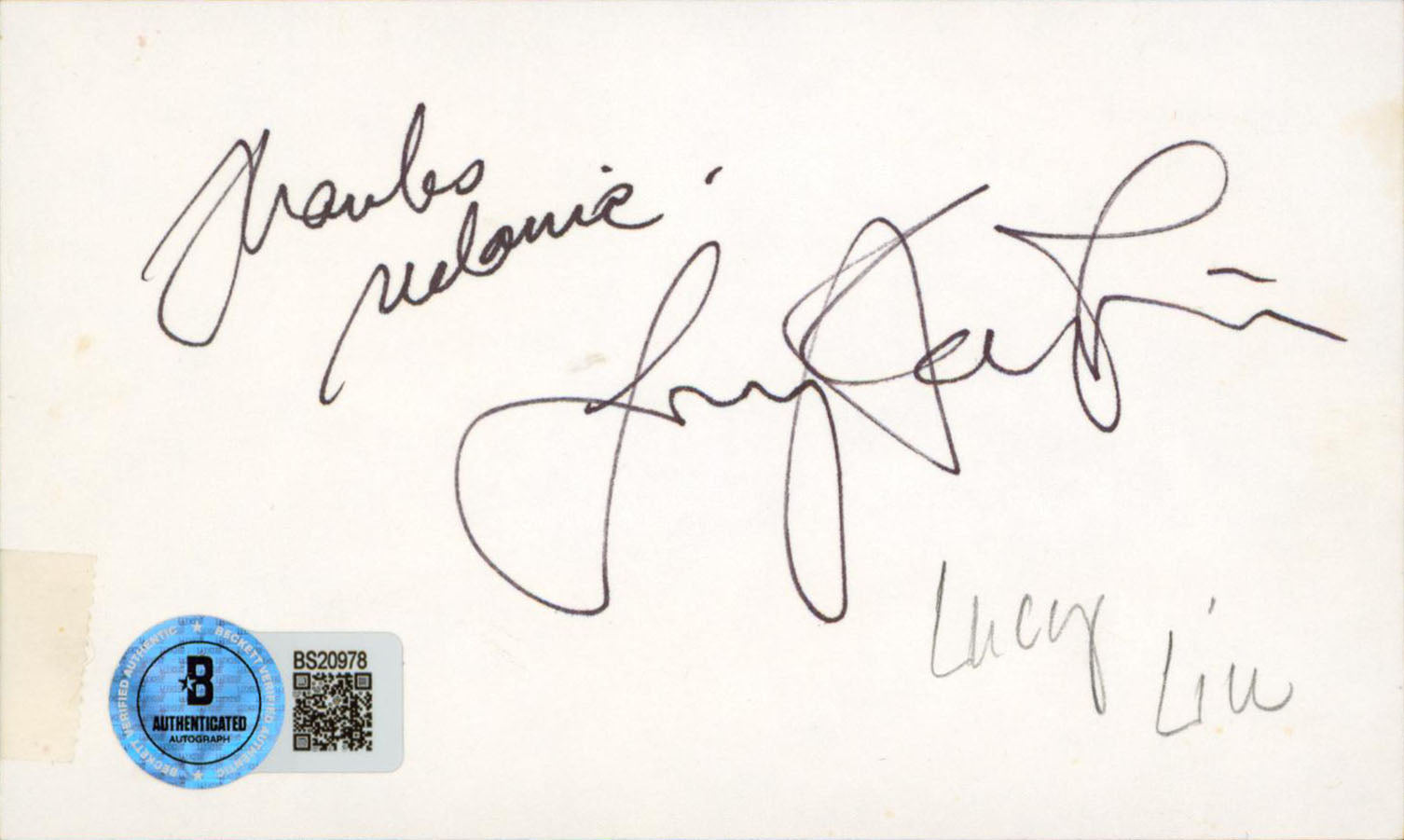 Lucy Liu Charlie's Angels "Thanks Melanie" Signed 3x5 Index Card BAS #BS20978