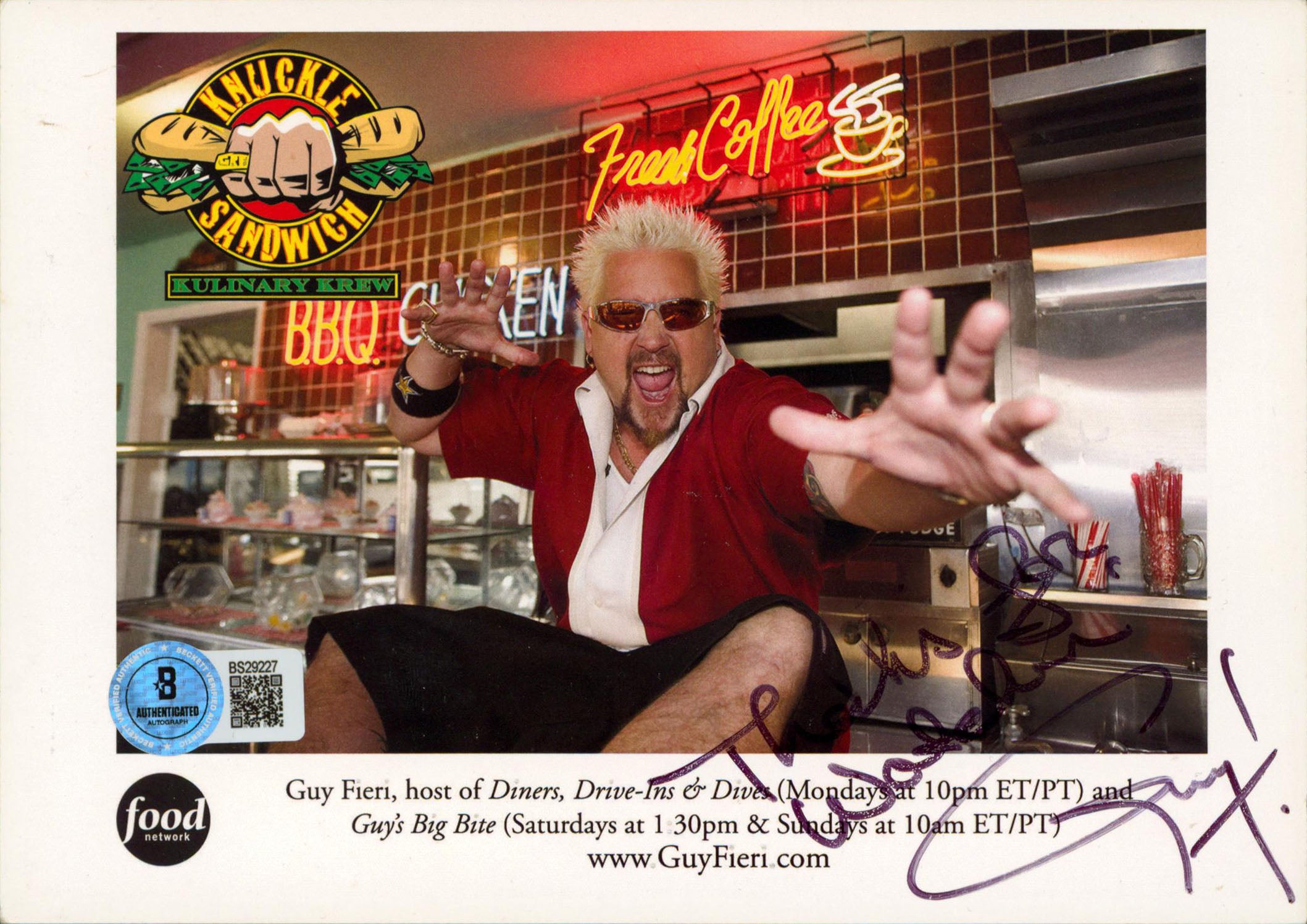 Guy Fieri Diners, Drive-Ins & Dives "Thanks For Watching!" Signed 5x7 Photo BAS
