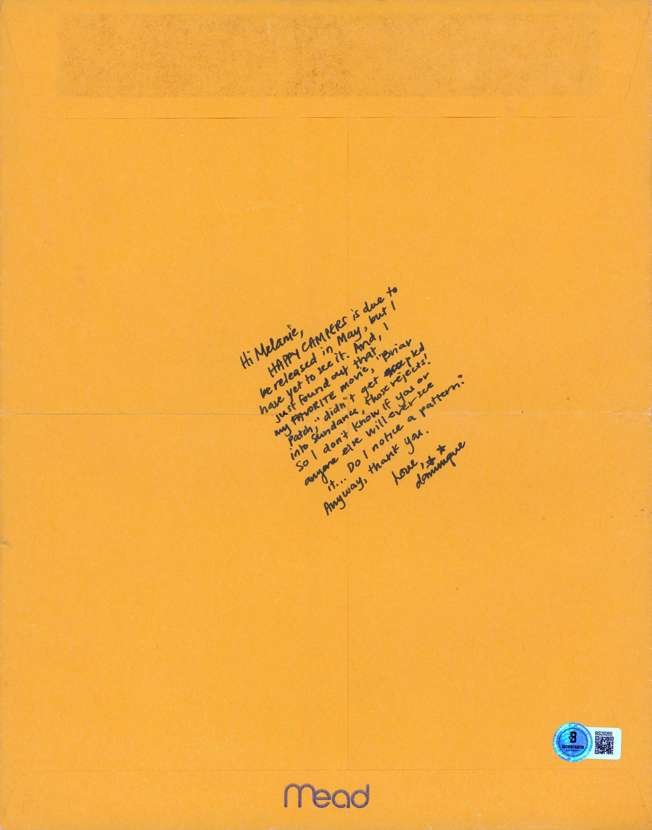 Dominique Swain Lolita Authentic Signed 10x13 Envelope Autographed BAS #BS29265