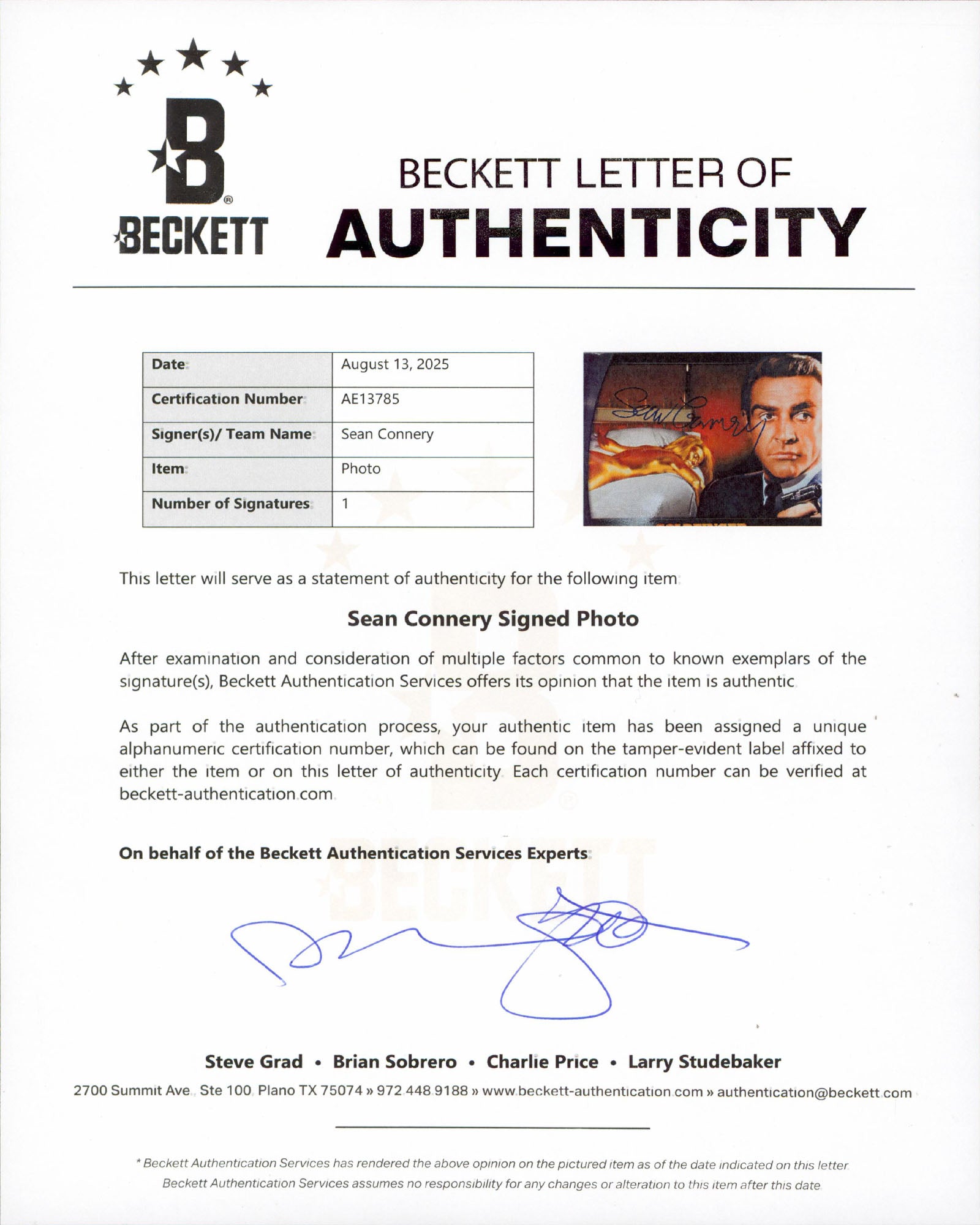 Sean Connery Goldfinger Authentic Signed 8x10 Horizontal Photo BAS #AE13785