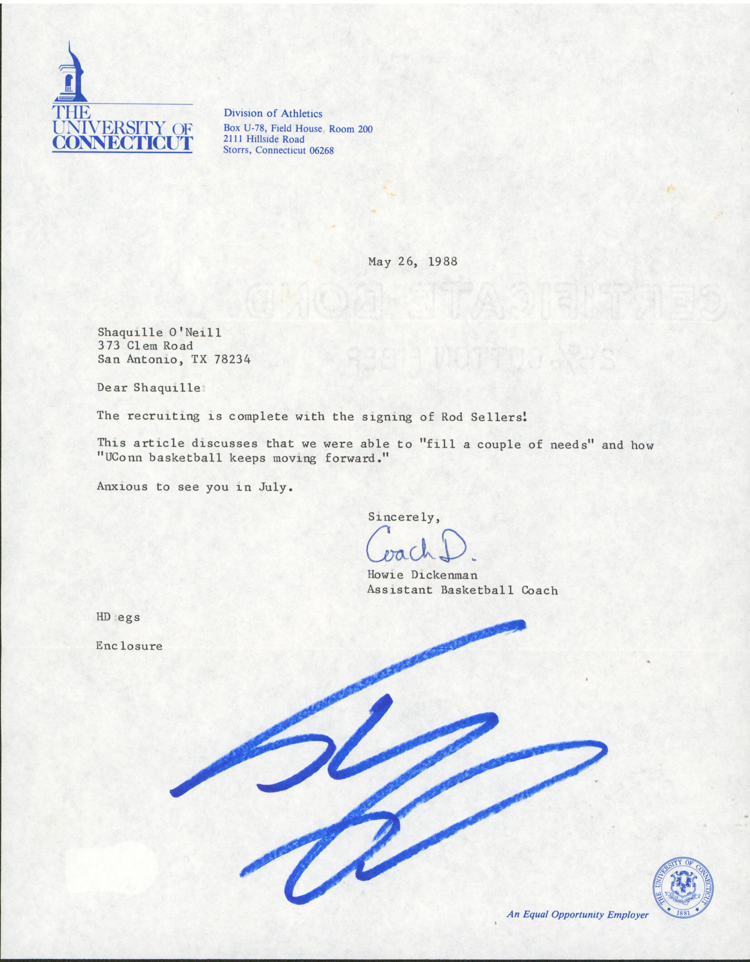 Shaquille O'Neal Signed 1988 University of Connecticut Recruitment Letter BAS