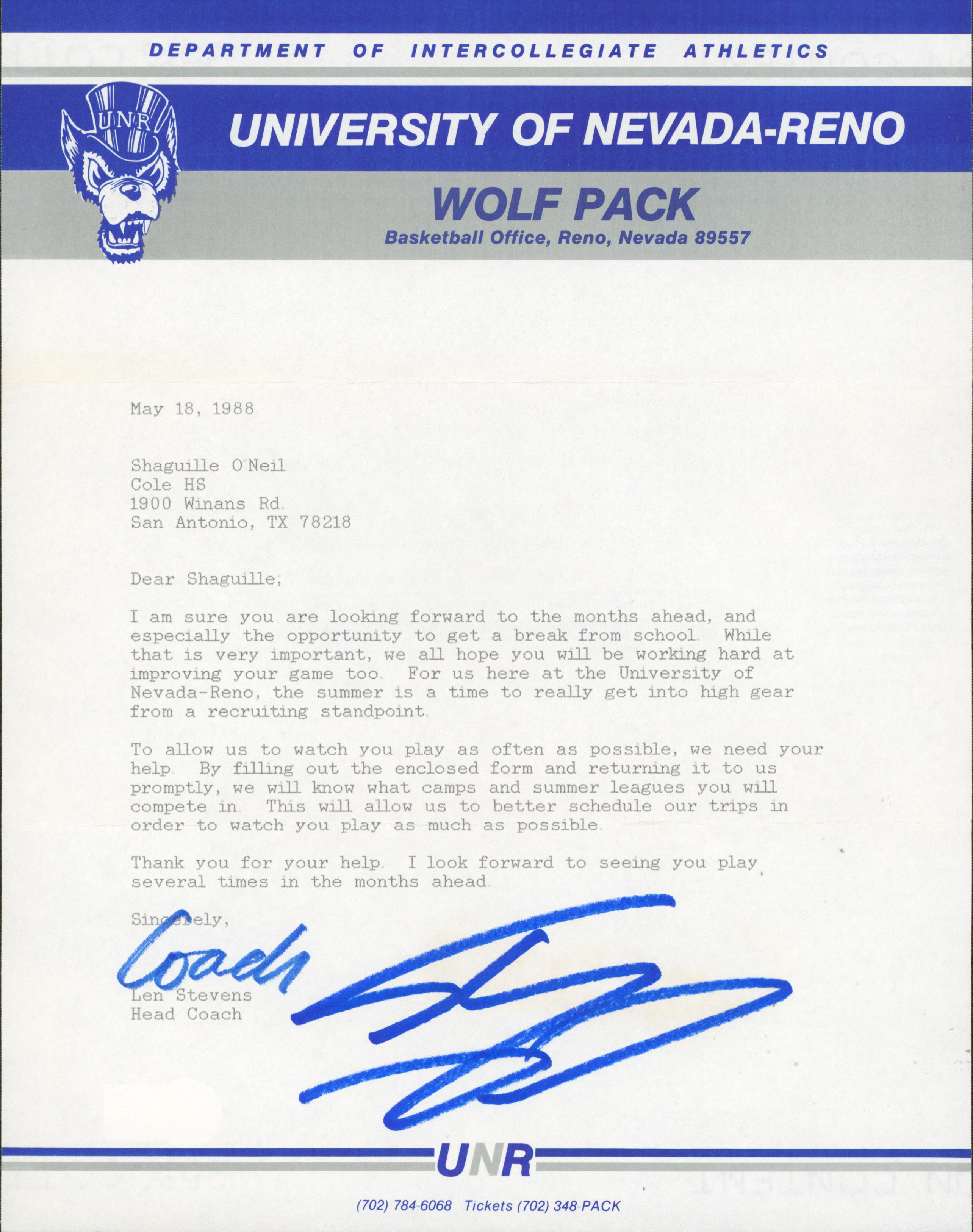 Shaquille O'Neal Signed 1988 Uni. Nevada-Reno Recruitment Envelope & Letter BAS