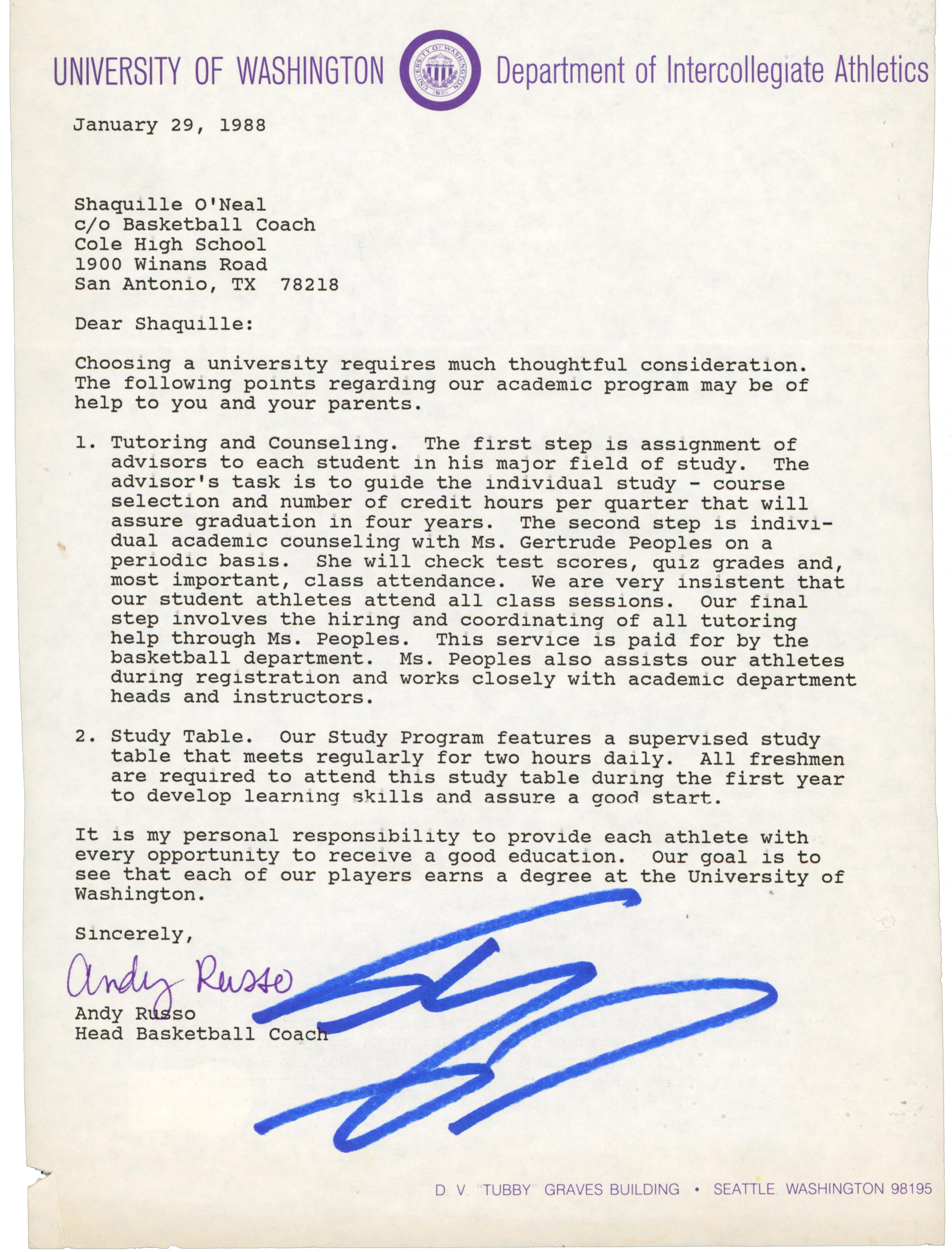 Shaquille O'Neal Signed 1988 University of Washington Recruitment Letter BAS