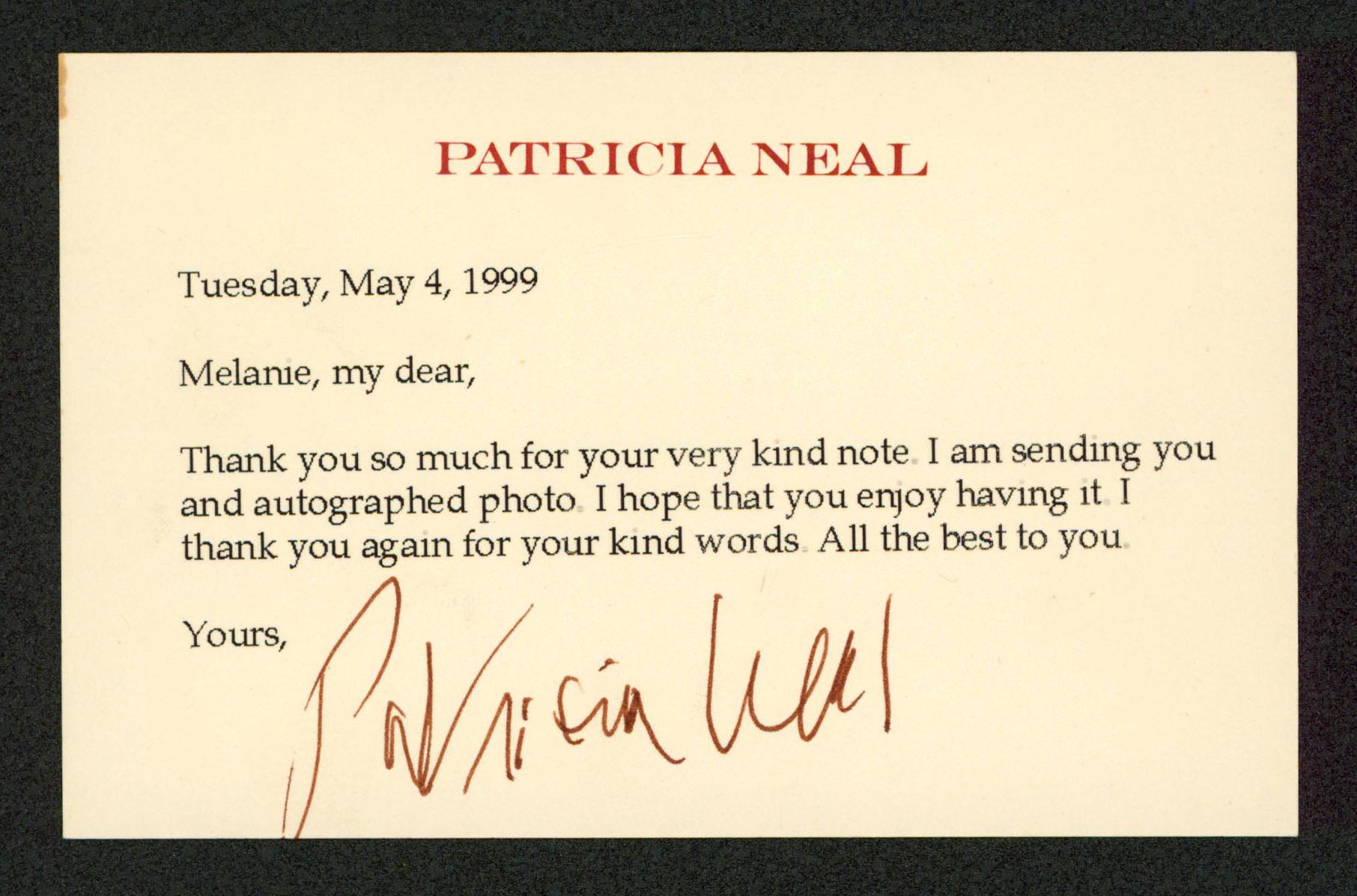 Patricia Neal Breakfast At Tiffany's Signed 3.5x5.5 Index Card BAS #BT02482