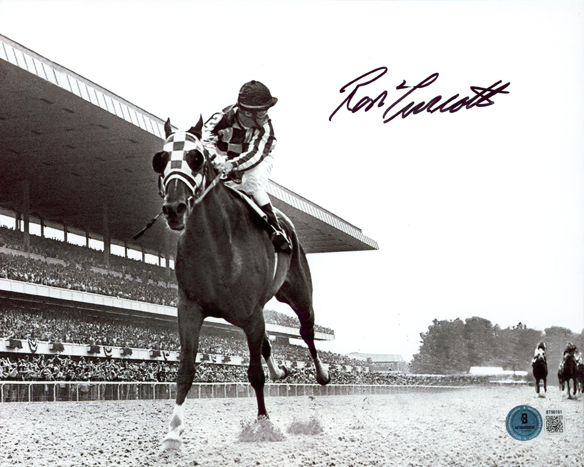 Ron Turcotte Signed 8x10 Horizontal Secretariat Belmont Stakes B&W Photo BAS