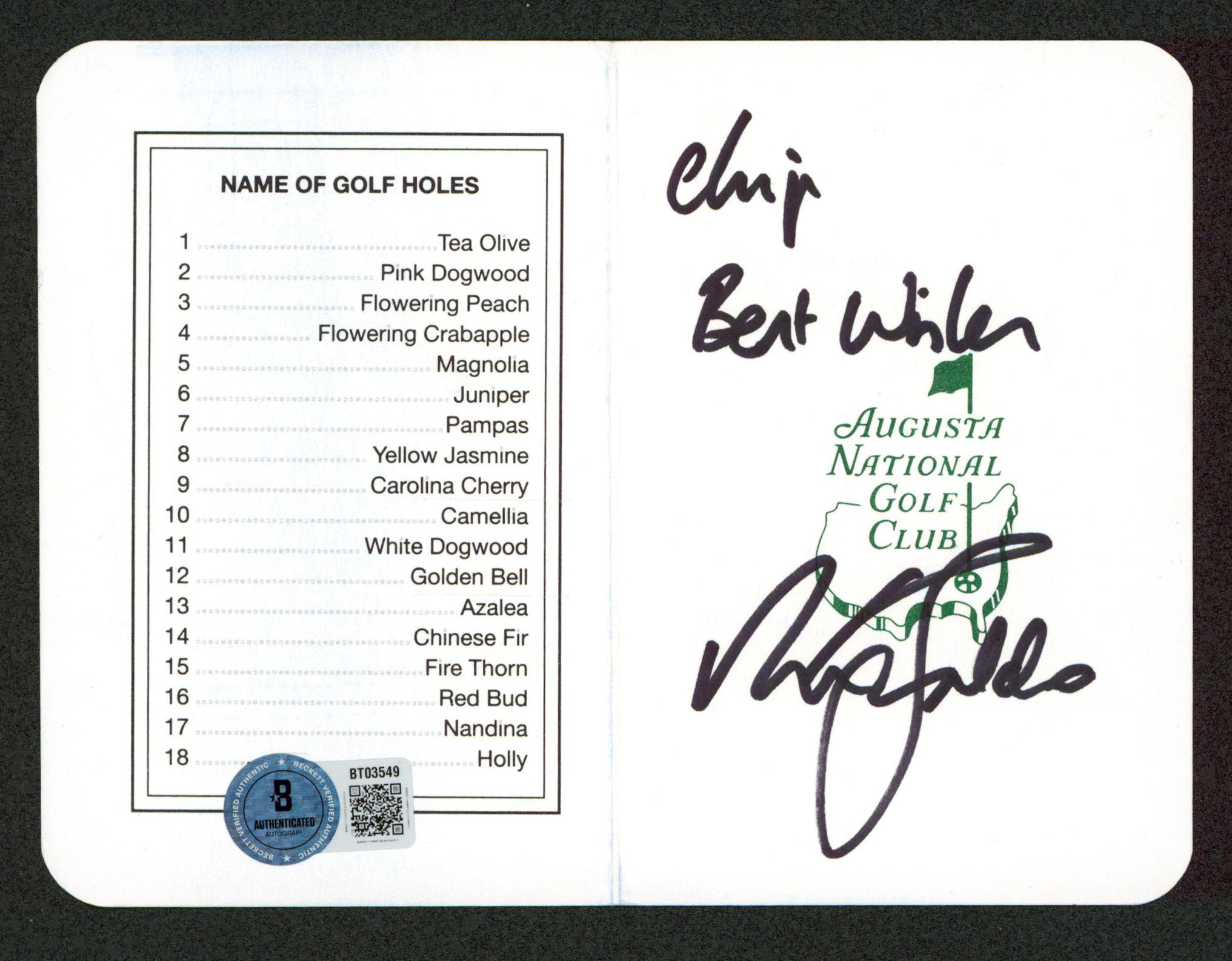 Nick Faldo Signed 3.25x4.75 Masters Augusta National Golf Club Scorecard BAS