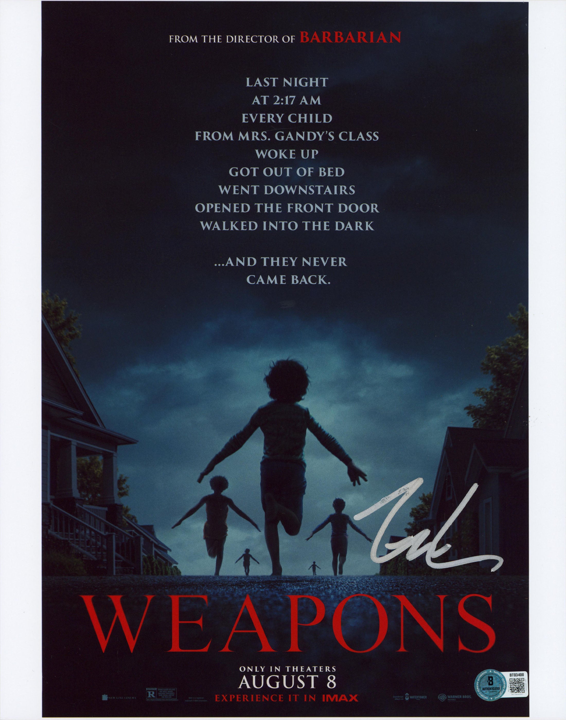 Zach Cregger Weapons Authentic Signed 11x14 Vertical Photo BAS #BT03400