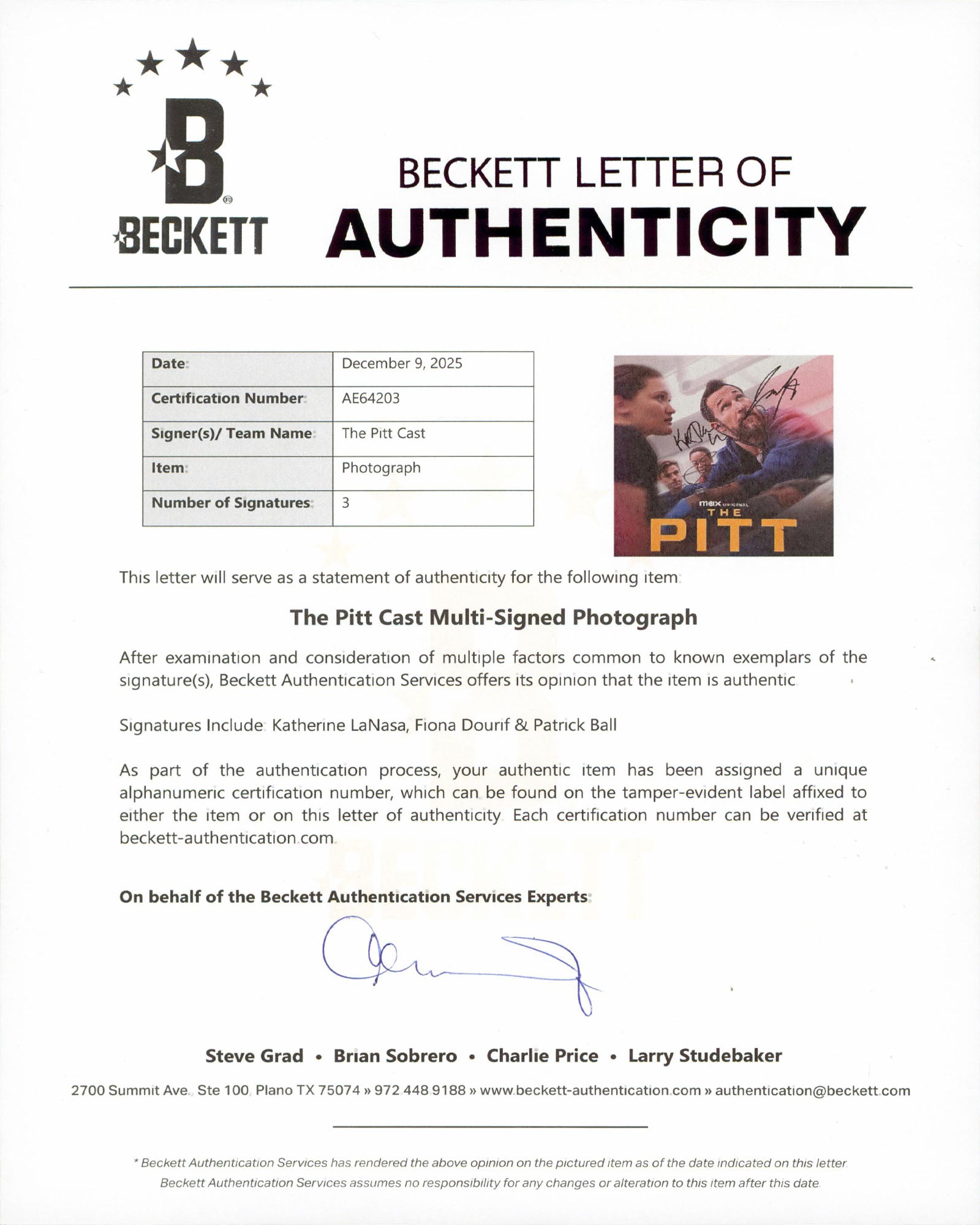 (3) LaNasa, Dourif & Ball The Pitt Authentic Signed 11x14 Photo BAS #AE64203