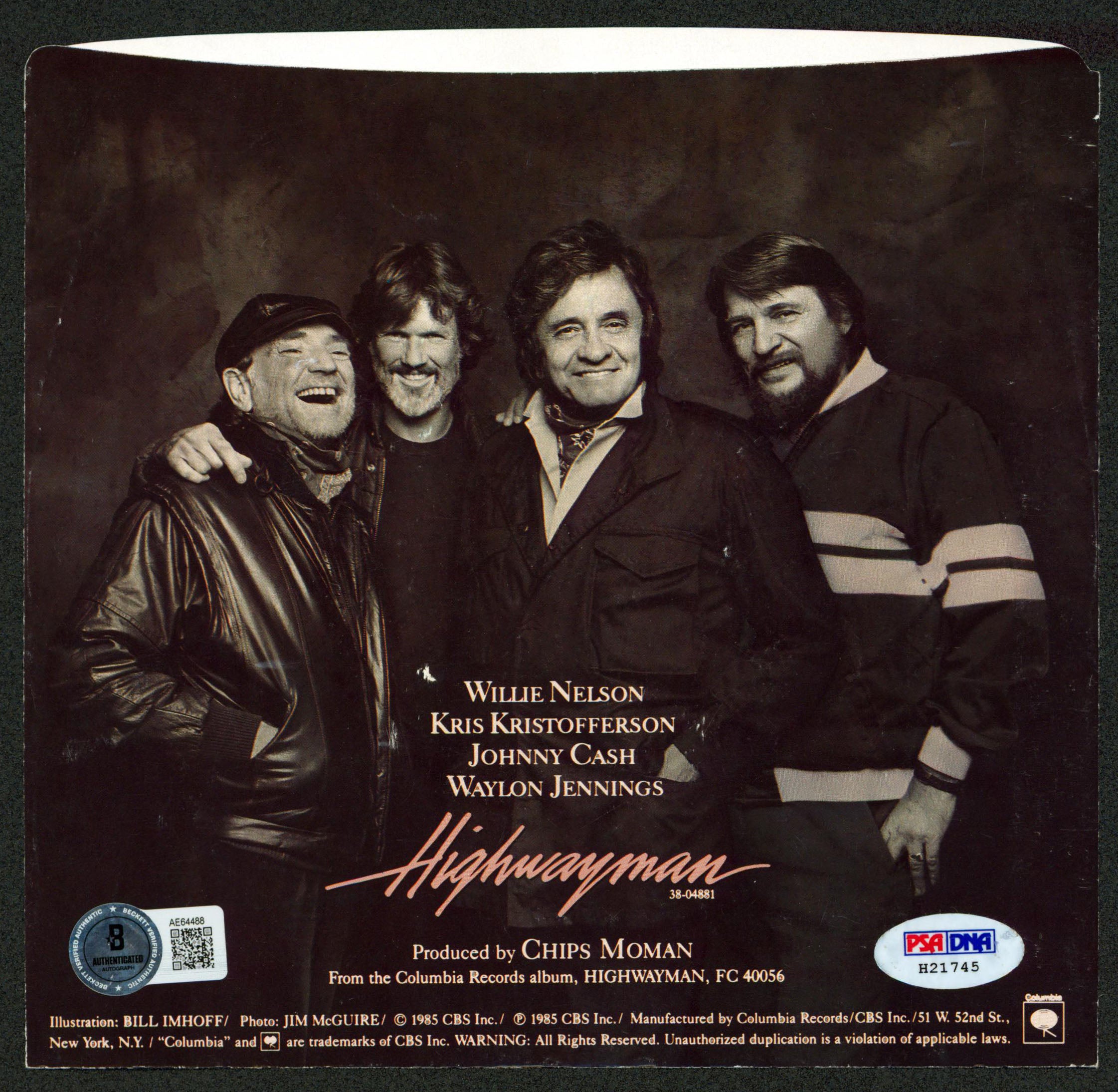 Johnny Cash The Highwaymen Authentic Signed 45 RPM Album Cover BAS #AE64488
