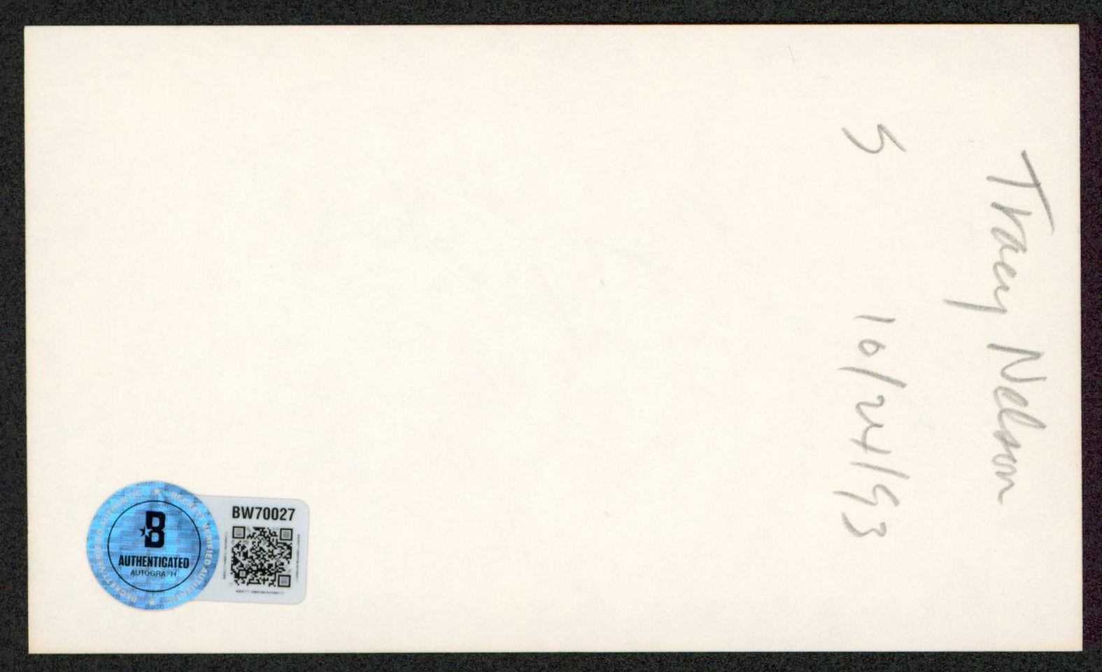 Tracy Nelson Melrose Place Authentic Signed 3x5 Index Card BAS #BW70027