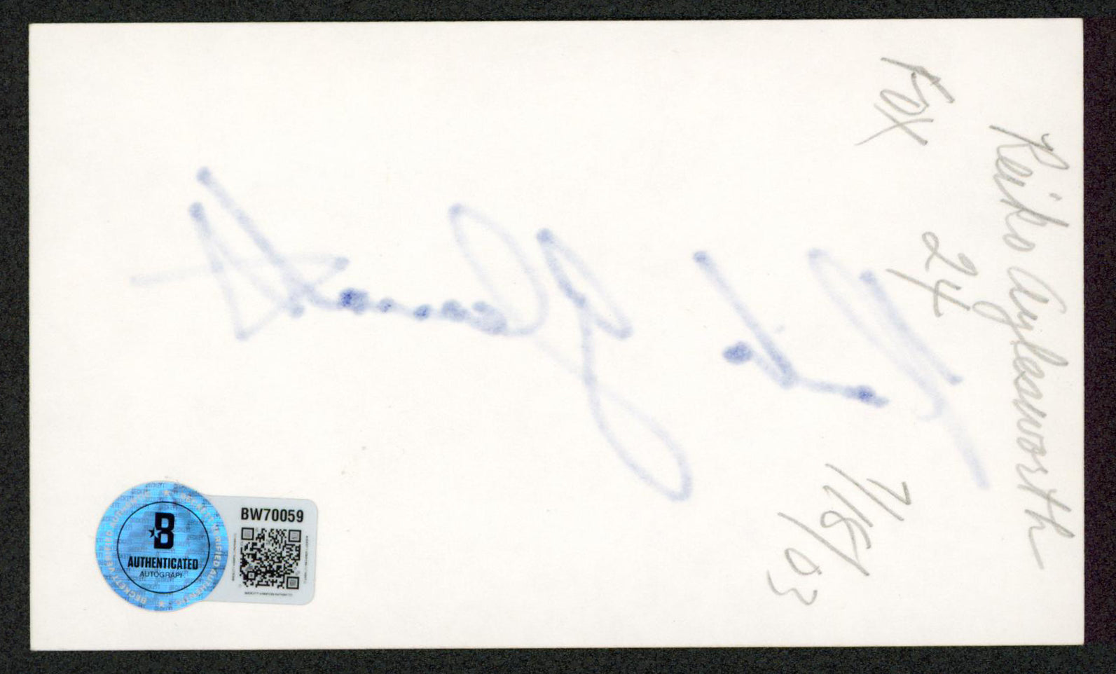 Reiko Aylesworth 24 Authentic Signed 3x5 Index Card Autographed BAS #BW70059