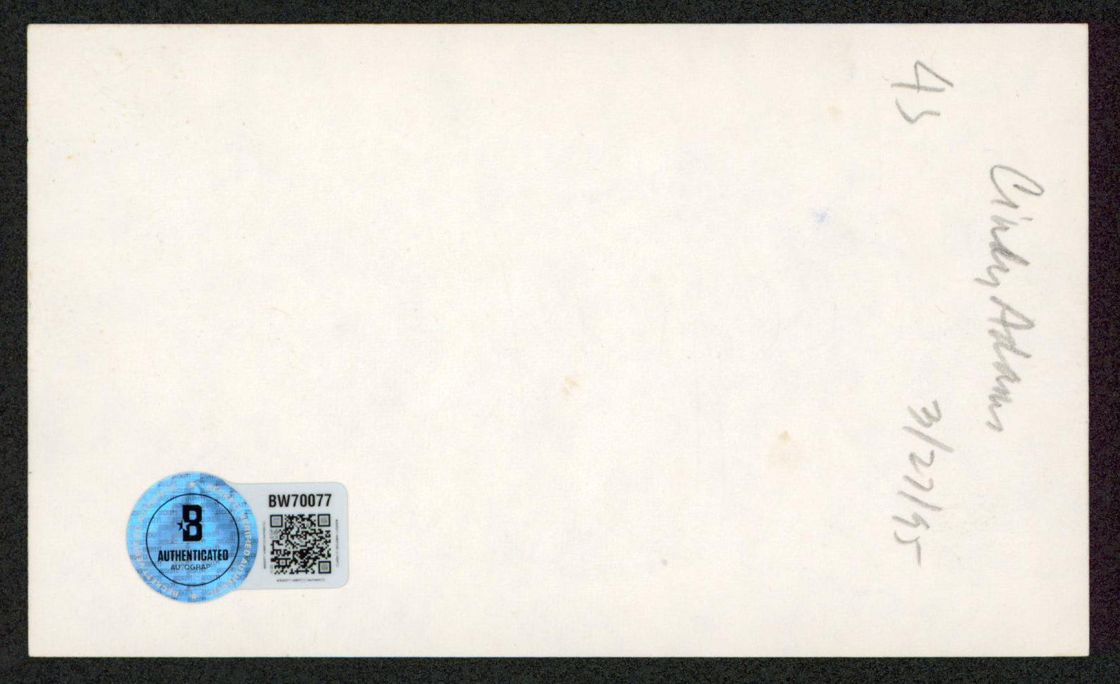 Cindy Adams New York Post Authentic Signed 3x5 Index Card BAS #BW70077