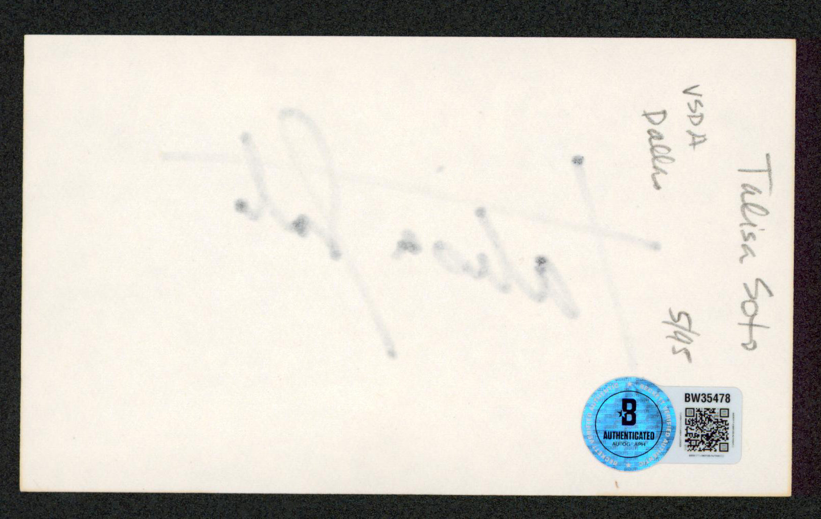 Talisa Soto Mortal Kombat Authentic Signed 3x5 Index Card BAS #BW35478